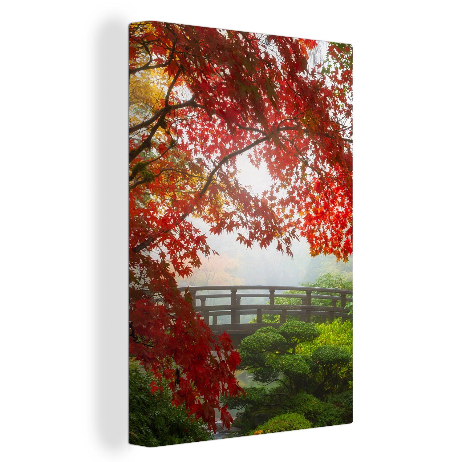 OneMillionCanvasses® Leinwandbild Japanischer Ahorn - Bäume - Brücke - Natur - Japanisch, Fotodruck (1 St), Leinwand Canvas Wandbild, Wanddekoration 20x30 cm
