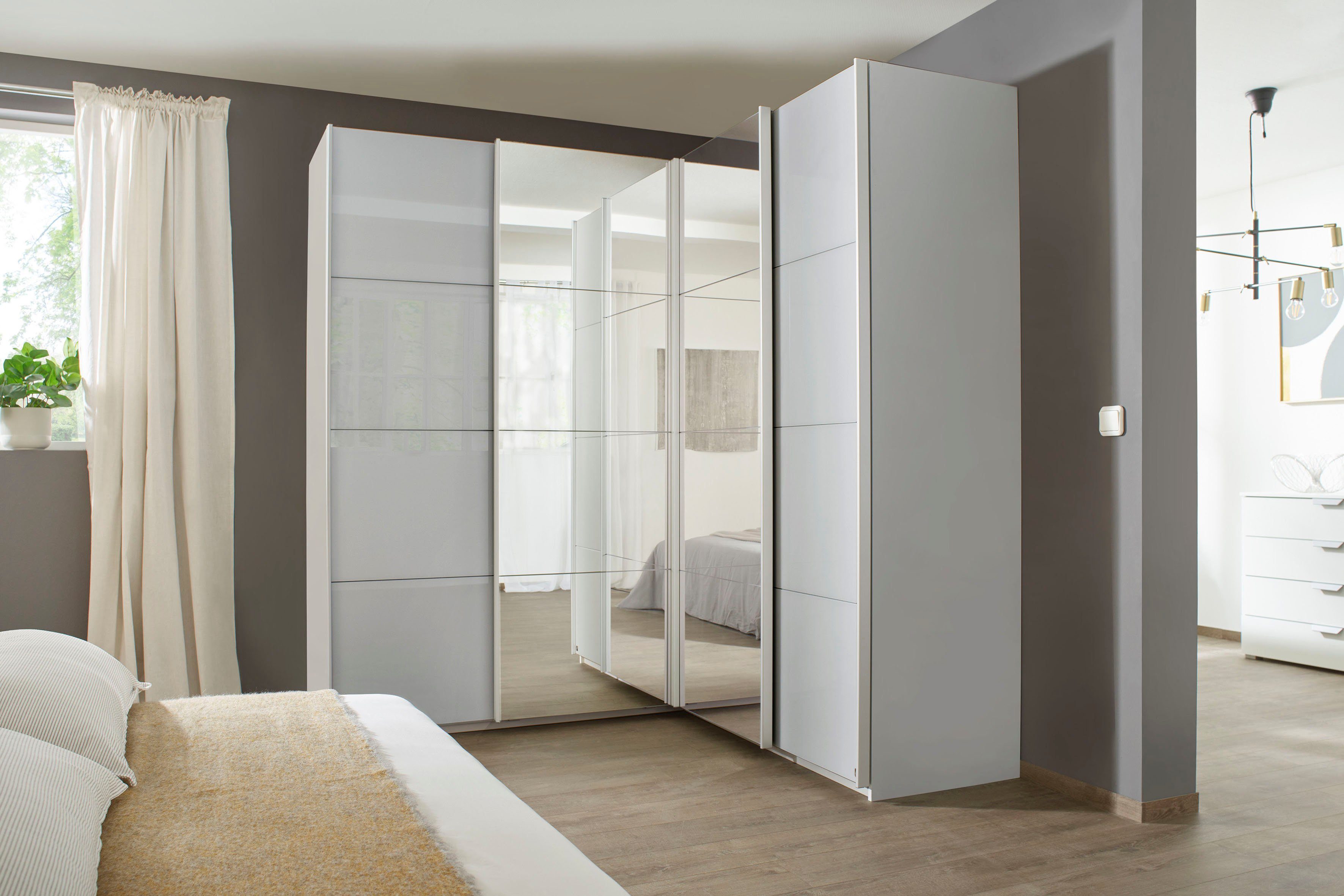 rauch Schwebetürenschrank Kleiderschrank Garderobe Eckkleiderschrank QUADRA mit edler Glasfront (Maß 181x187 cm, Höhen 210/229 cm, inkl. Soft-Close-Funktion) extra großer Eckschrank inkl. Schubladeneinsatz MADE IN GERMANY