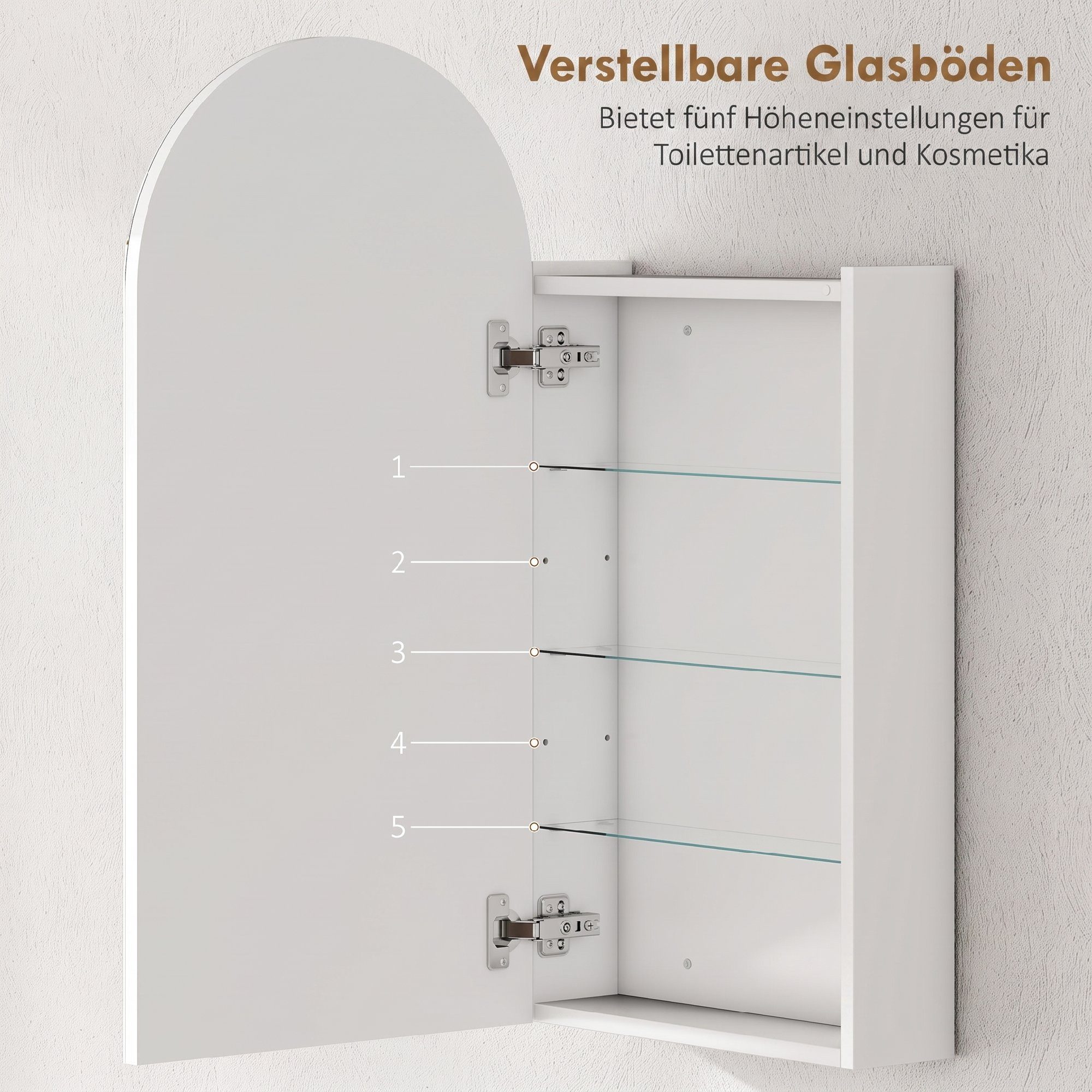 HOMCOM Spiegelschrank Hängender Badschrank mit Regalen (Set, 1-St., Spiegelschrank) Rahmenloser Bogenspiegel, Soft-Close, Glasböden – Bild 5 von 5