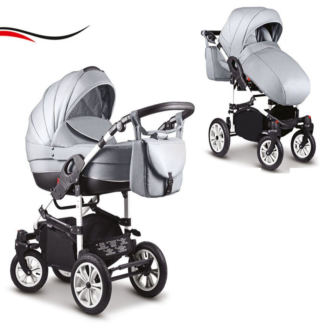 babies-on-wheels Kombi-Kinderwagen 2 in 1 Kinderwagen-Set Cosmo - 13 Teile - in 16 Farben Hellgrau-Schwarz