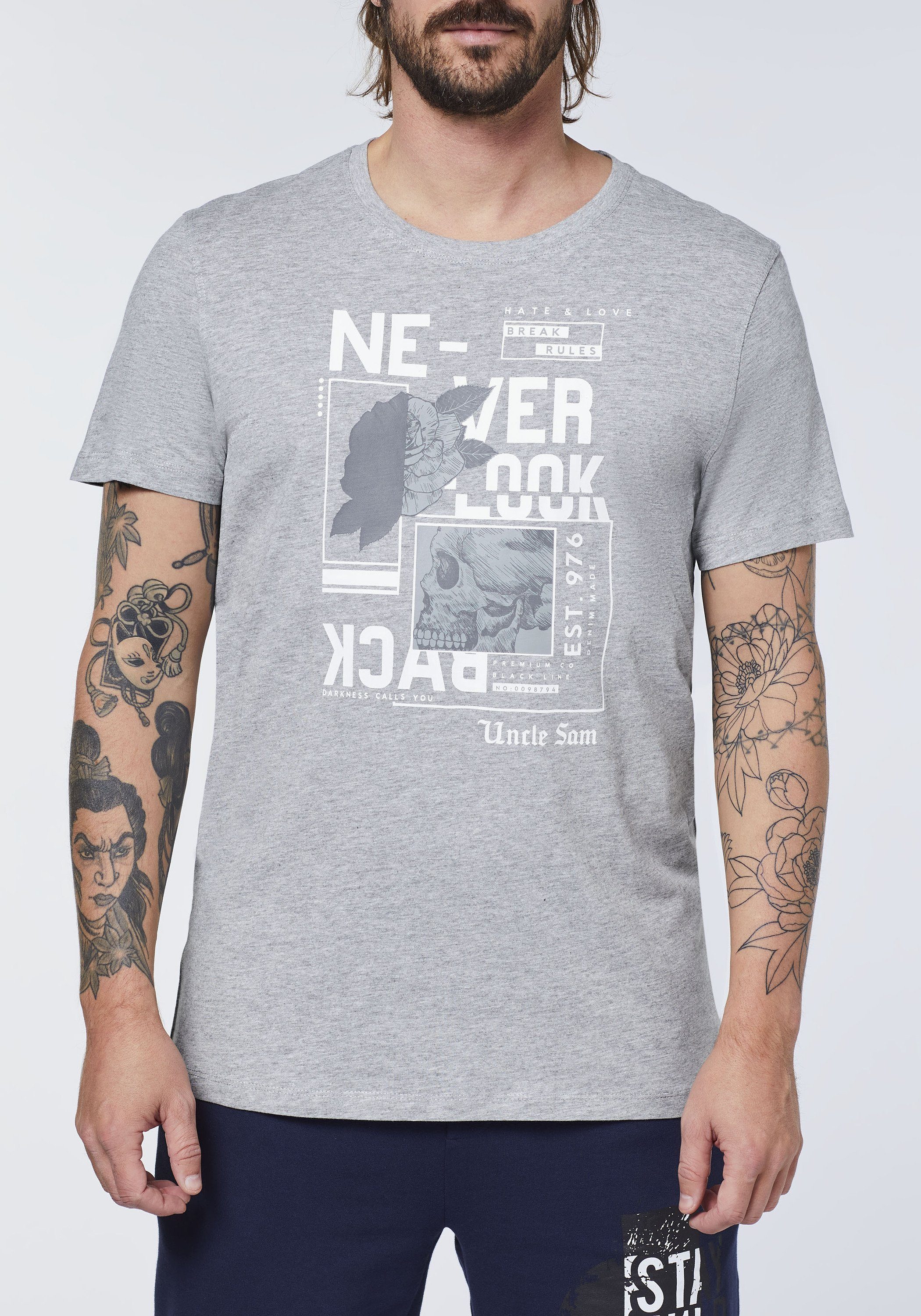 Uncle Sam Print-Shirt mit Neutral 17-4402M BACK Melange NEVER LOOK Schriftzug Gray
