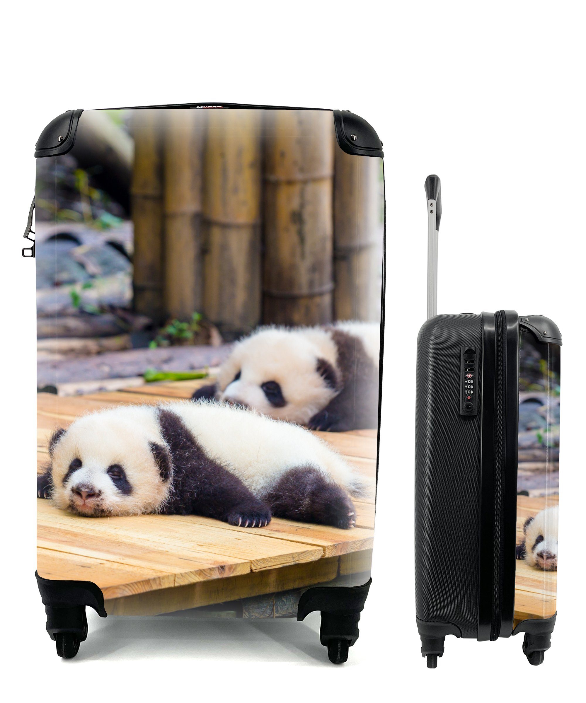 MuchoWow Handgepäckkoffer Pandas - Boden - Holz, 4 Rollen, Reisetasche mit rollen, Handgepäck für Ferien, Trolley, Reisekoffer