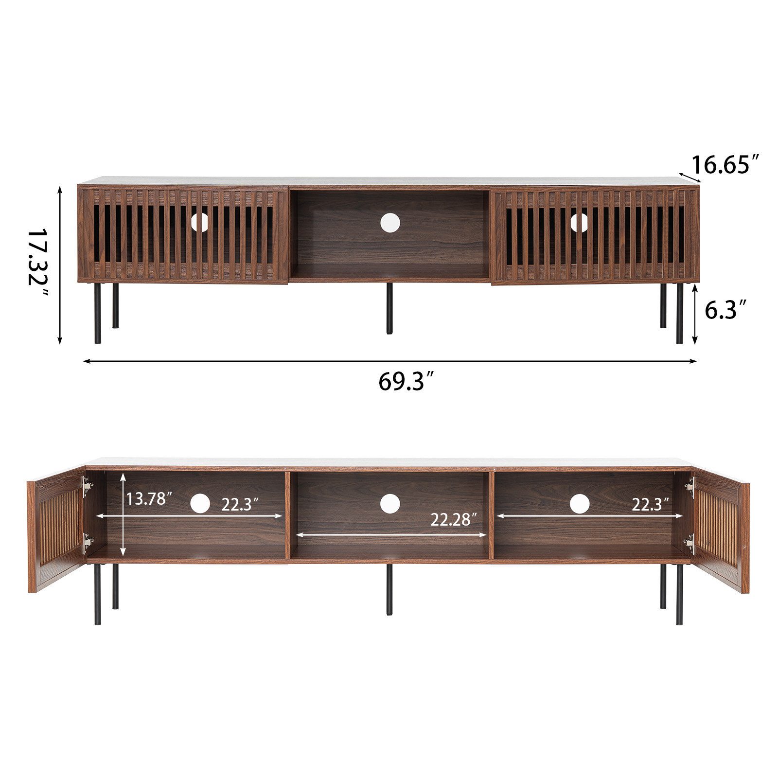 Insma Lowboard Modern TV-Schrank Fernsehrschrank mit 2 Lamellentüren 176×44×44cm, TV-Board stehend mit Stauraum & offenen Fächern – Bild 5 von 5