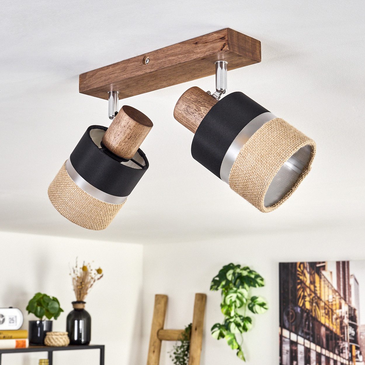 hofstein Deckenleuchte Deckenlampe aus Holz/Metall/Leinen in Dunkelbraun/Chrom/Natur/Schwarz, ohne Leuchtmittel, 2x E14, ohne Leuchtmittel – Bild 2 von 5