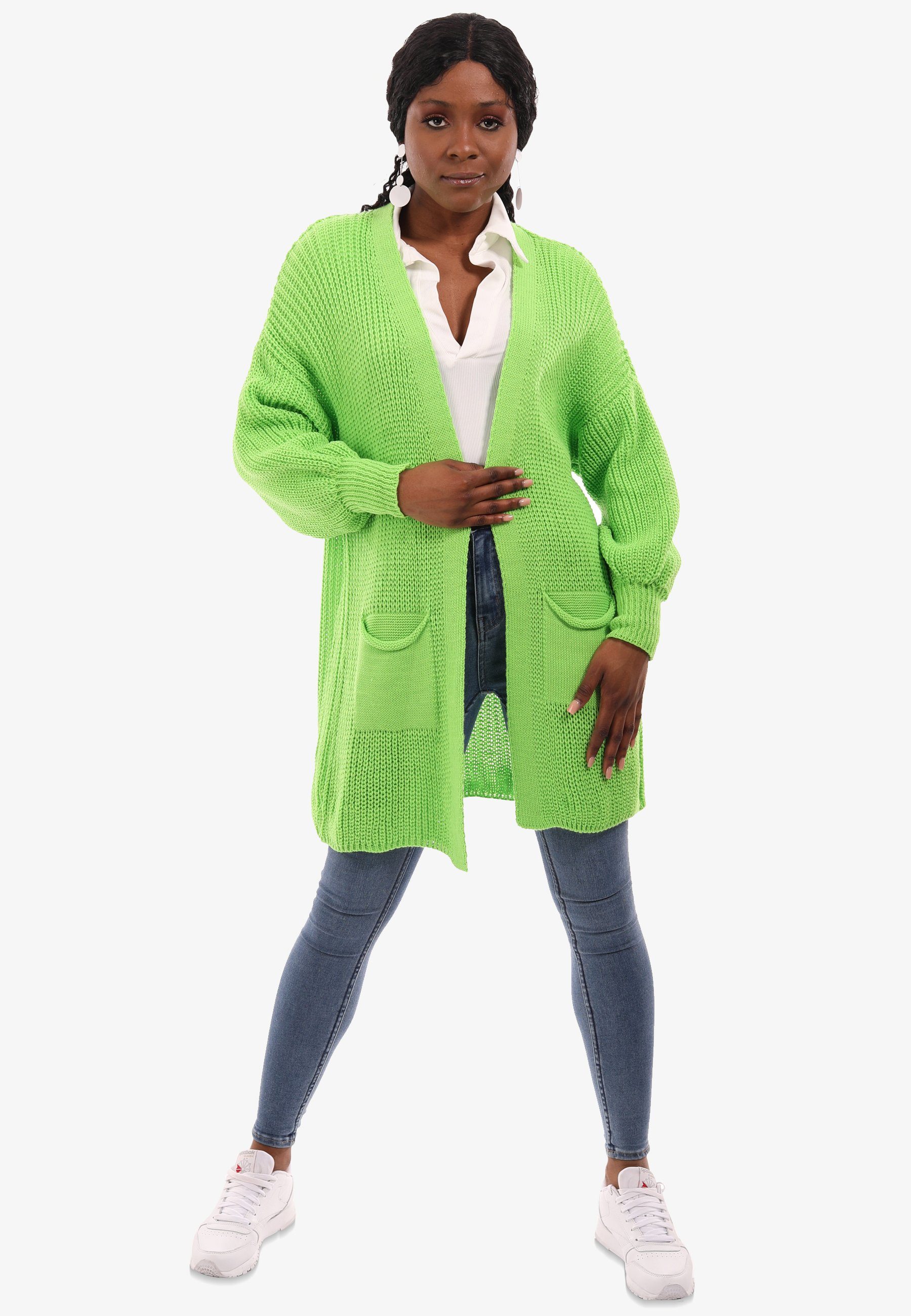 YC Fashion & Style Cardigan Taschen Unifarbe, in Taschen Strick-Cardigan mit Size One limegreen aufgesetzten mit