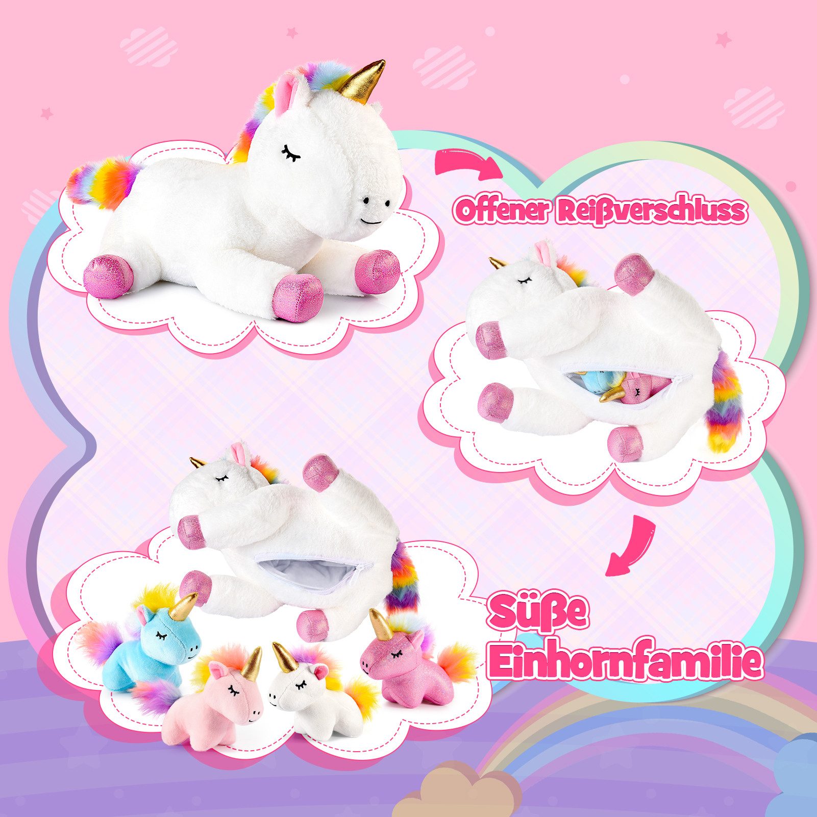 Wootoy Kuscheltier Plüsch-Einhorn mit Baby-Einhörnern Kuscheltier Set mit Reißverschluss (mit 4 versteckten Baby-Einhörnern im Reißverschluss-Design, 5-St., Weiches Material mit angenehmer Baumwollfüllung), ideal für unterwegs Reisen und verschiedene Orte