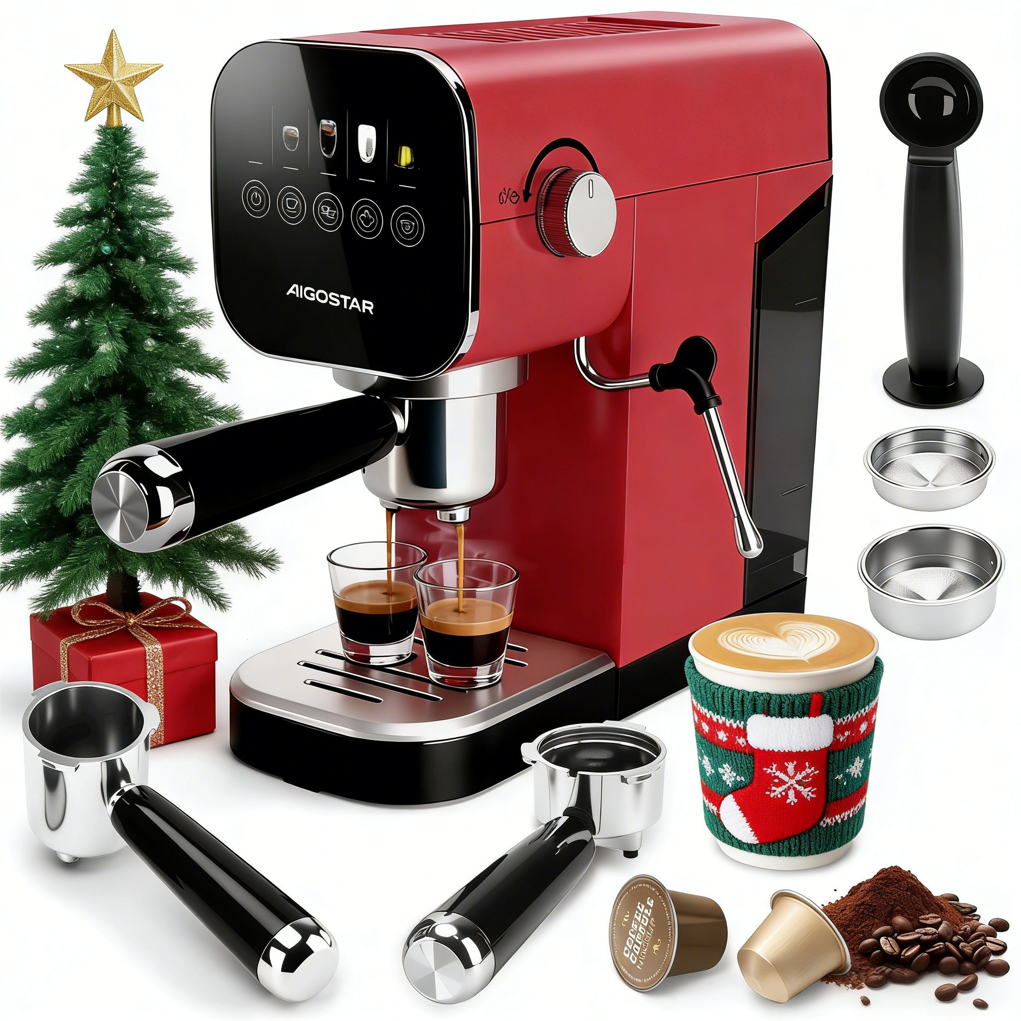 Aigostar Siebträgermaschine Espressomaschine mit Milchaufschäumer, Kompatibel mit Kapseln und Gemahlenem Kaffee, Edelstahl, 20 Bar, Digitales Touchpanel, 1/2 Tassen, 0,9L, 1350 W, Edelstahl