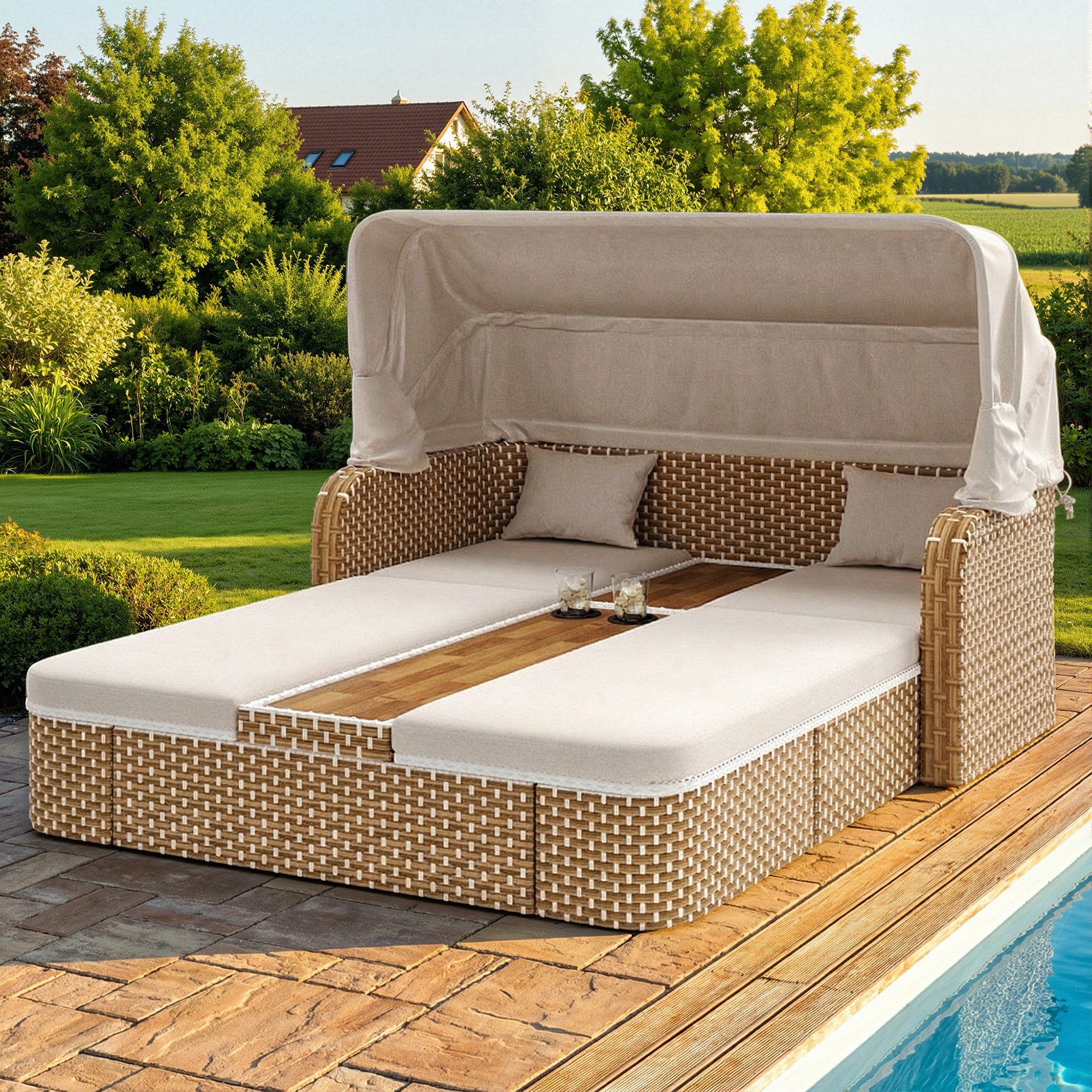 MODFU Gartenlounge-Set Polyrattan Sonneninsel, (aus Polyrattan,Für Balkon & Garten,Beige/Grau, 1-tlg)