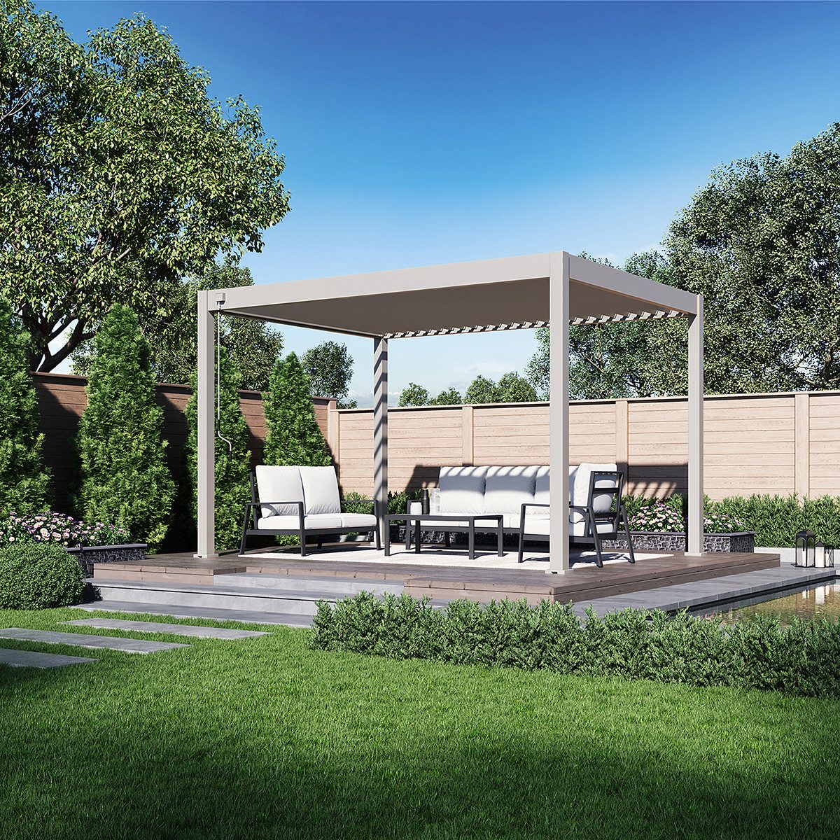 Weide Pergola Deluxe Plus Pavillon Terrassenüberdachung Aluminium 3 x 4 M Ivory Sand, BxTxH: 400x300x255 cm, (Hochwertigste Aluminium-Konstruktion & verzinkte Stahl-Lamellen, Komplettset inkl. detaillierter Aufbauanleitung)