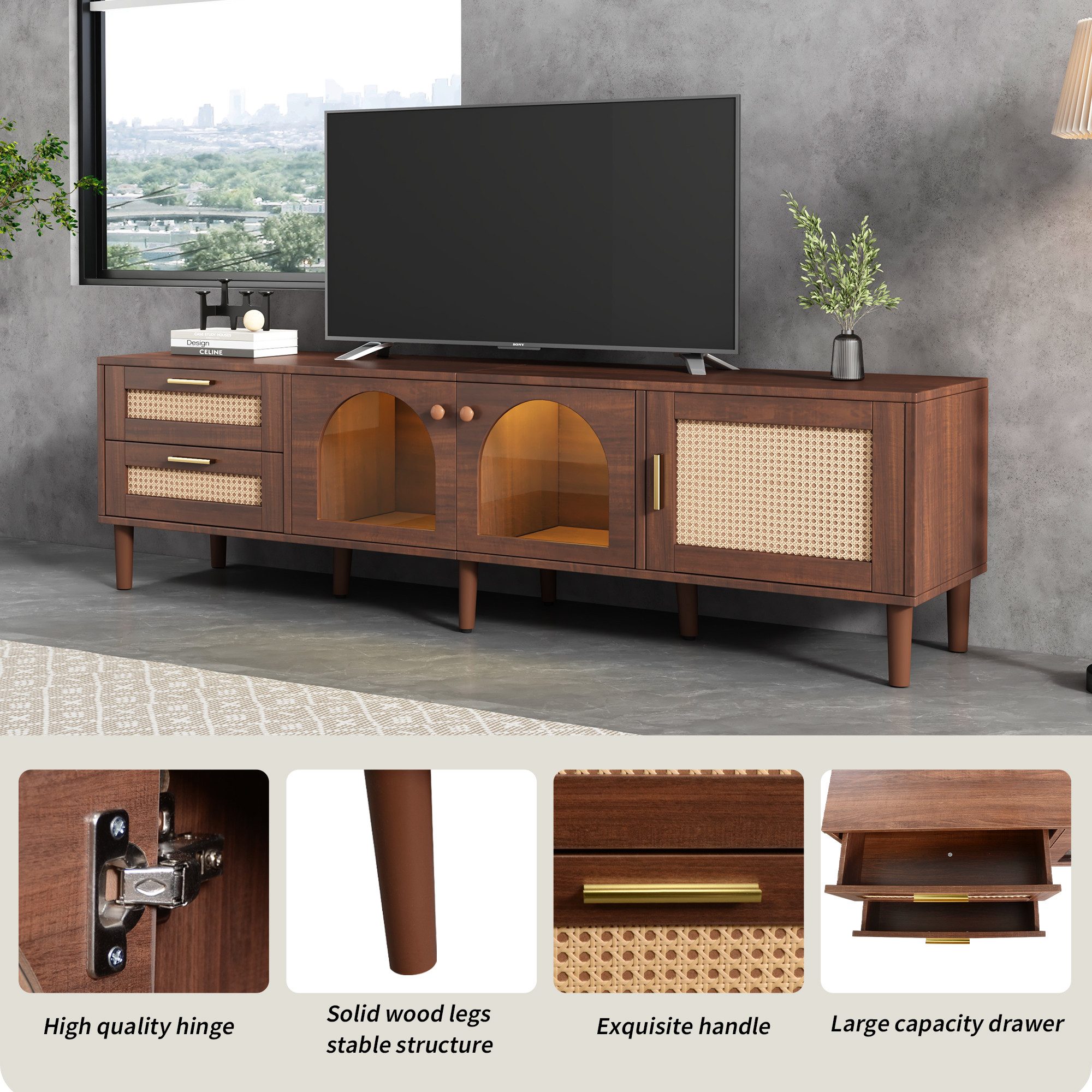 Yorbay TV-Schrank Rattan Design,mit LED-Beleuchtung,Braun Lowboard für 80-Zoll-Fernseher Vintage Lowboard mit 2 Rattan-Schubladen und 3 geschlossener Stauräume – Bild 4 von 5