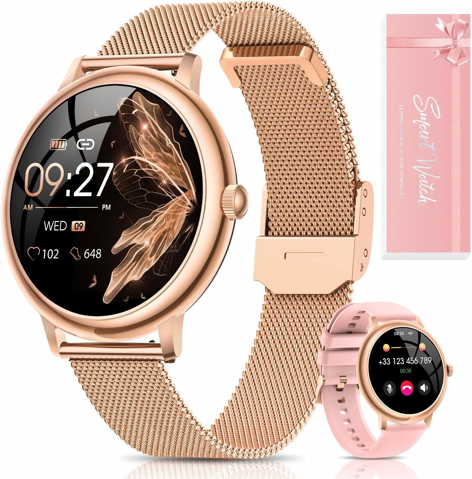 SWGOTA 2026 NEW Smartwatch Damen Rund mit 2 austauschbare Uhrenarmbänder Smartwatch (1.19 Zoll), AMOLED Display Smartwatch für Damen mit Telefonfunktion, Herzfrequenz, SpO2/Schlafmonitor/Menstruationszyklus