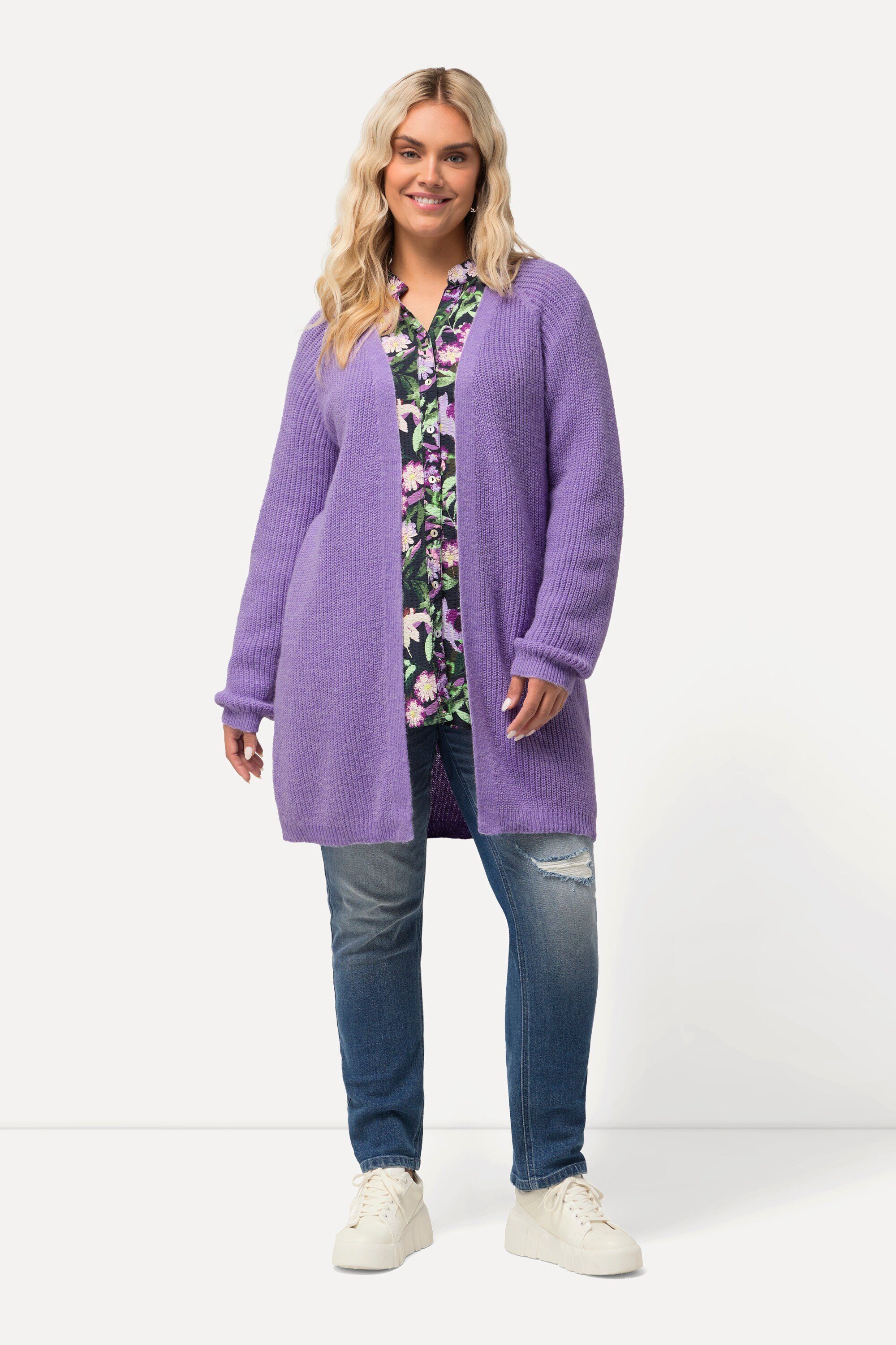 Ulla Popken Strickjacke Strickjacke offene Form V-Ausschnitt Rippstrick