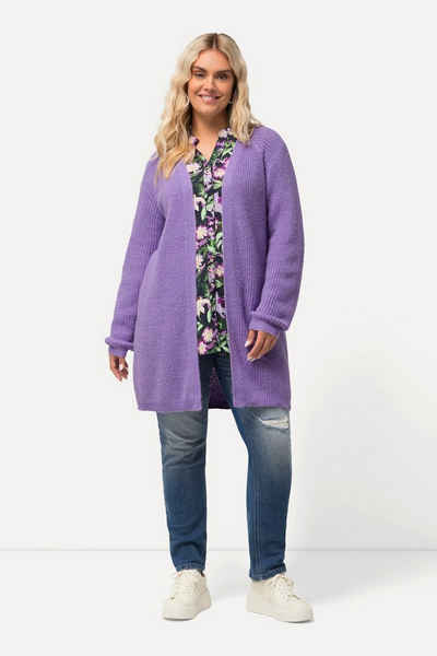 Ulla Popken Strickjacke Strickjacke offene Form V-Ausschnitt Rippstrick