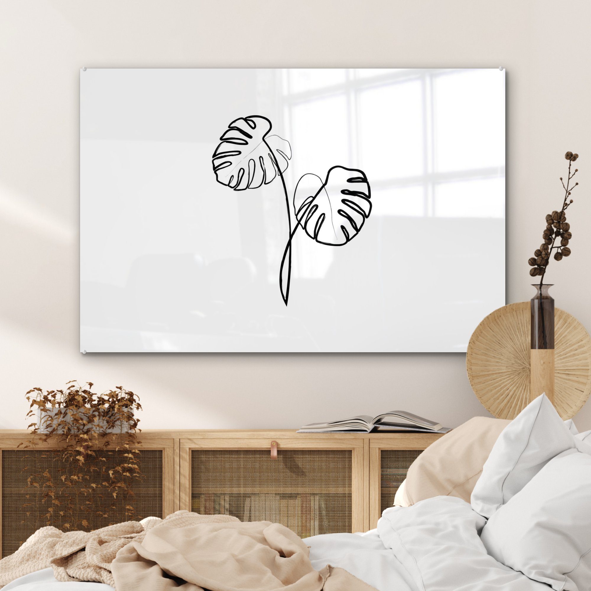 - Acrylglasbilder MuchoWow - Wohnzimmer St), Pflanzen & Monstera Strichzeichnung, Acrylglasbild (1 Schlafzimmer