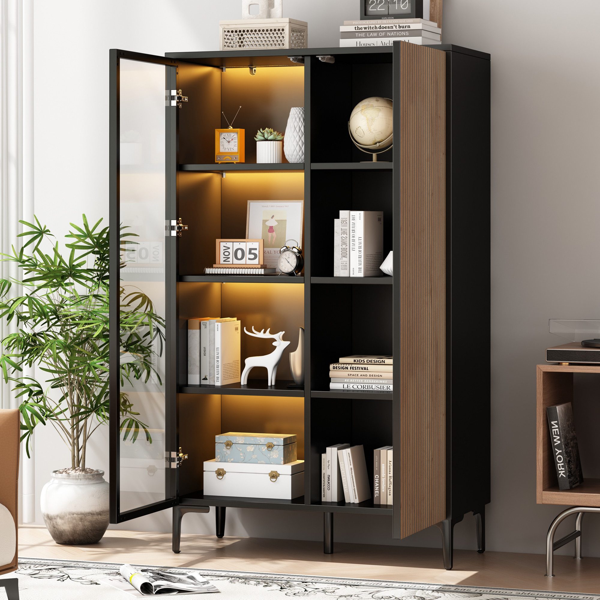 Merax Standvitrine mit LED-Beleuchtung, Vintage Vitrinenschrank mit Push-to-Open Funktion (90 x 40 x 135 cm (L x B x H), 1-St) Vitrine mit 2 Türen inkl.Glastür, 8 Staufächer, in Schwarz-Holzoptik