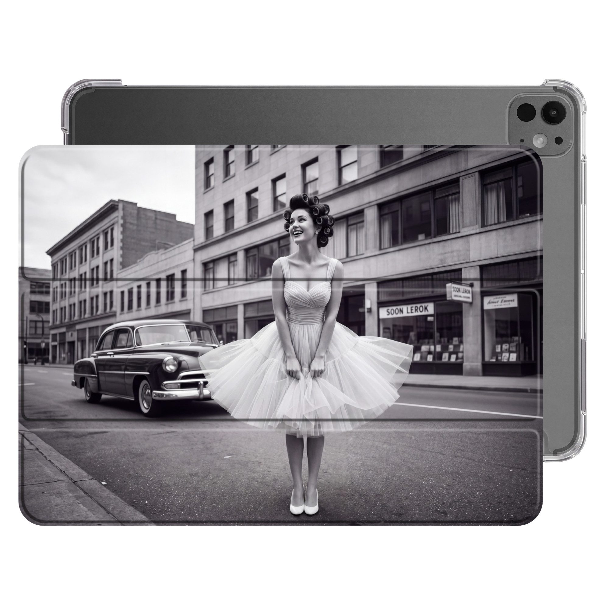 OnlyWow Tablet-Hülle Apple iPad Pro 2025 13 inch Retro - Frau - Schwarz - Weiß, Case, Rundumschutz, mit Standfunktion, Motiv