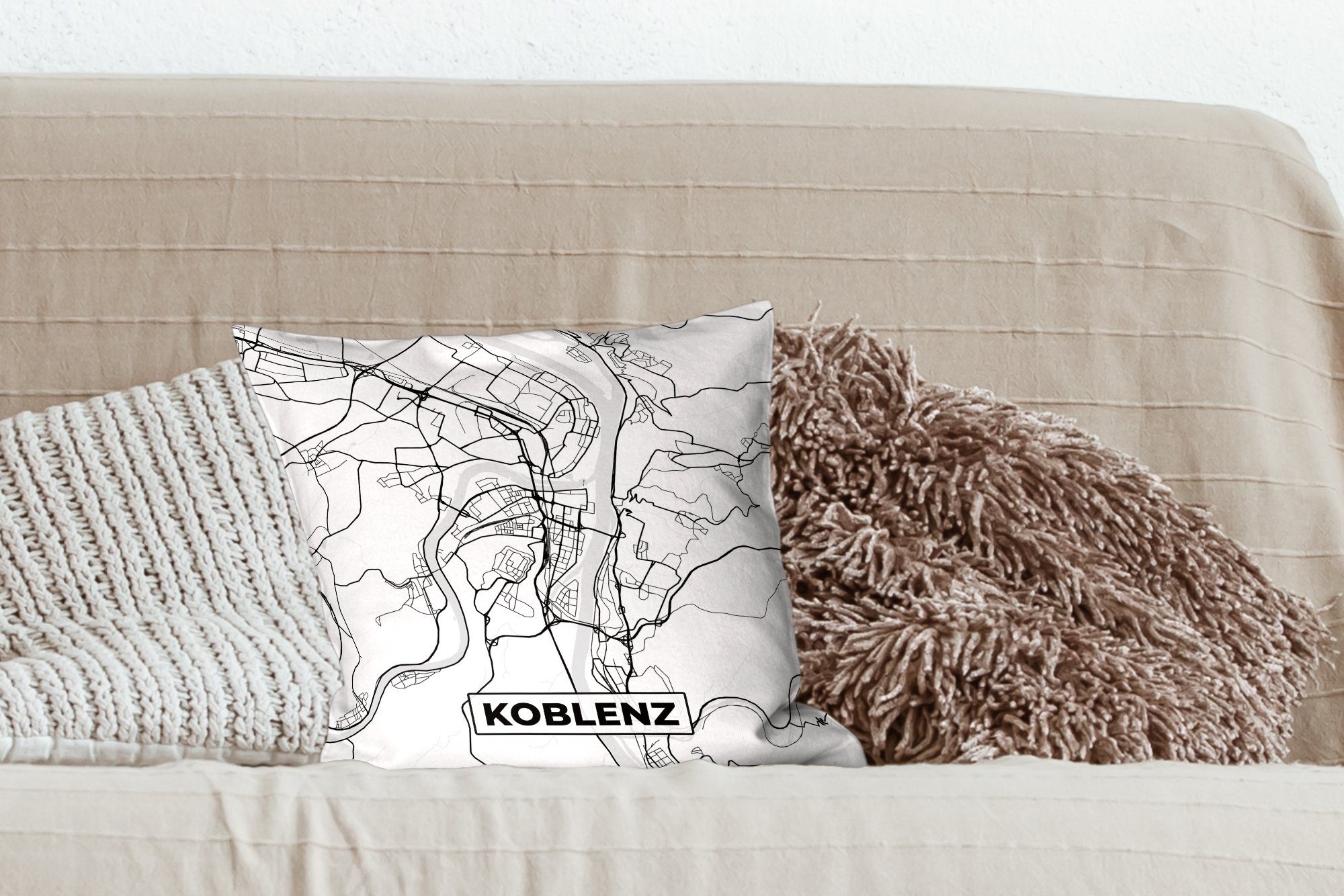Wegbeschreibung, Dekokissen - mit Schlafzimmer, Zierkissen für Koblenz Deko, Karte MuchoWow Stadtplan - - Wohzimmer, Füllung Sofakissen
