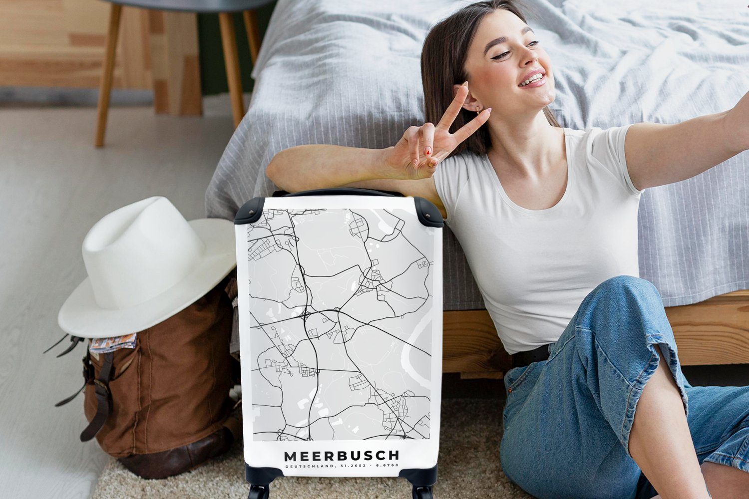 Meerbusch Stadt Deutschland - Trolley, Karte, Stadtplan MuchoWow 4 Handgepäckkoffer rollen, Reisekoffer Handgepäck der für - Rollen, Reisetasche mit - Ferien,