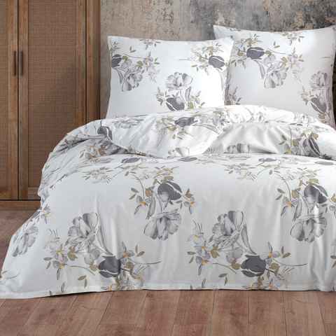 Bettwäsche, Buymax, Renforcé, 2 teilig, Bettbezug-Set 135x200 cm 100% Baumwolle mit Reißverschluss Blumen Weiß