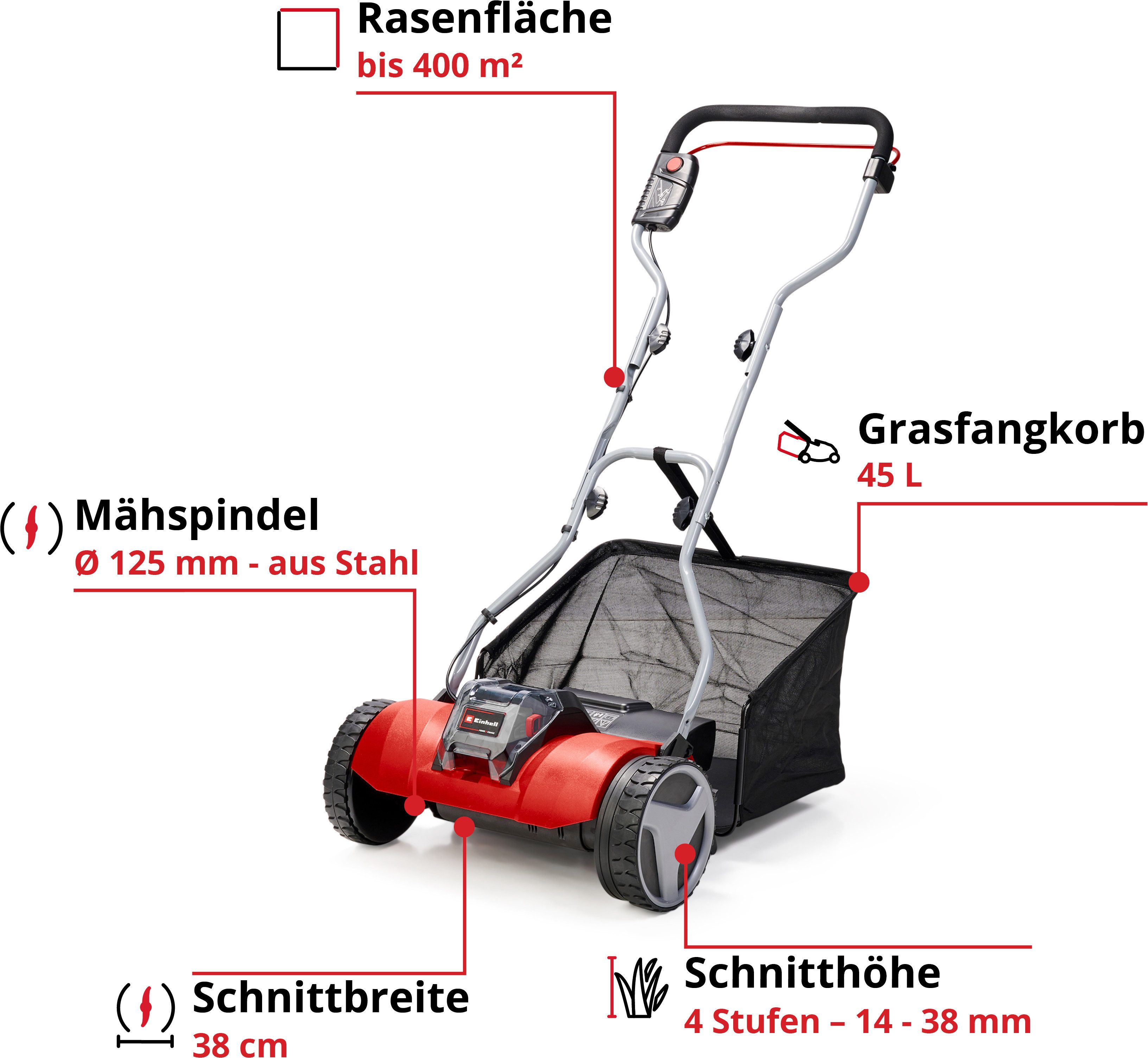 Einhell Akkurasenmäher Spindelmäher GE-HM 18/38 Li-Solo, 38 cm Schnittbreite, ohne Akku und Ladegerät