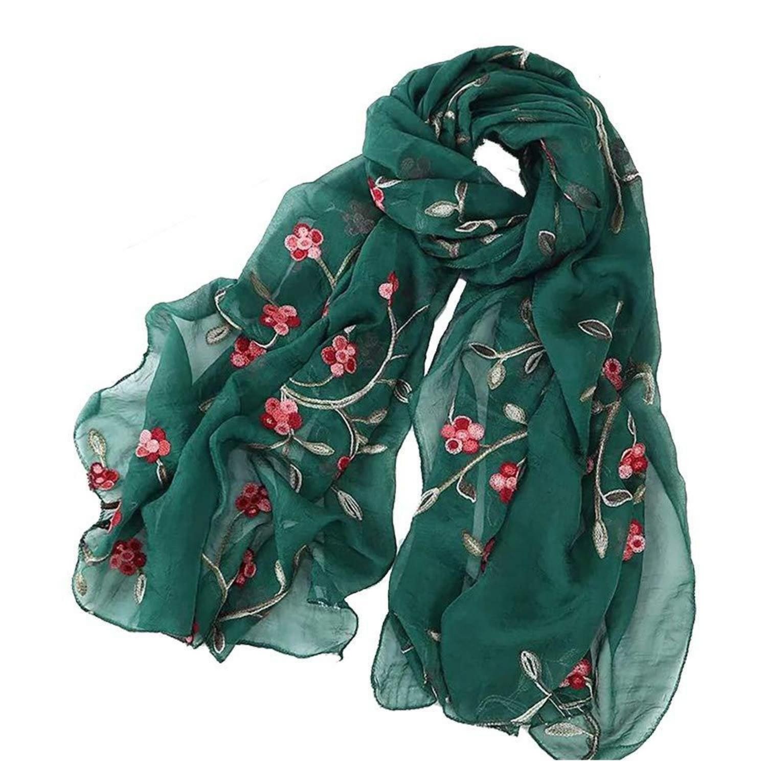 LuxusKollektion Seidenschal Foulard bestickt Blumen Seidenoptik Gruen 75x175cm, (1-St)