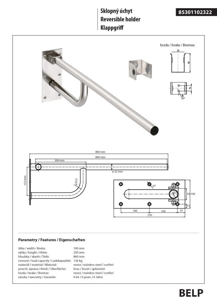 BRILLANTBAD® Stützklappgriff BELP Stützklappgriff Edelstahl gebürstet für Bad & WC >> Bohren