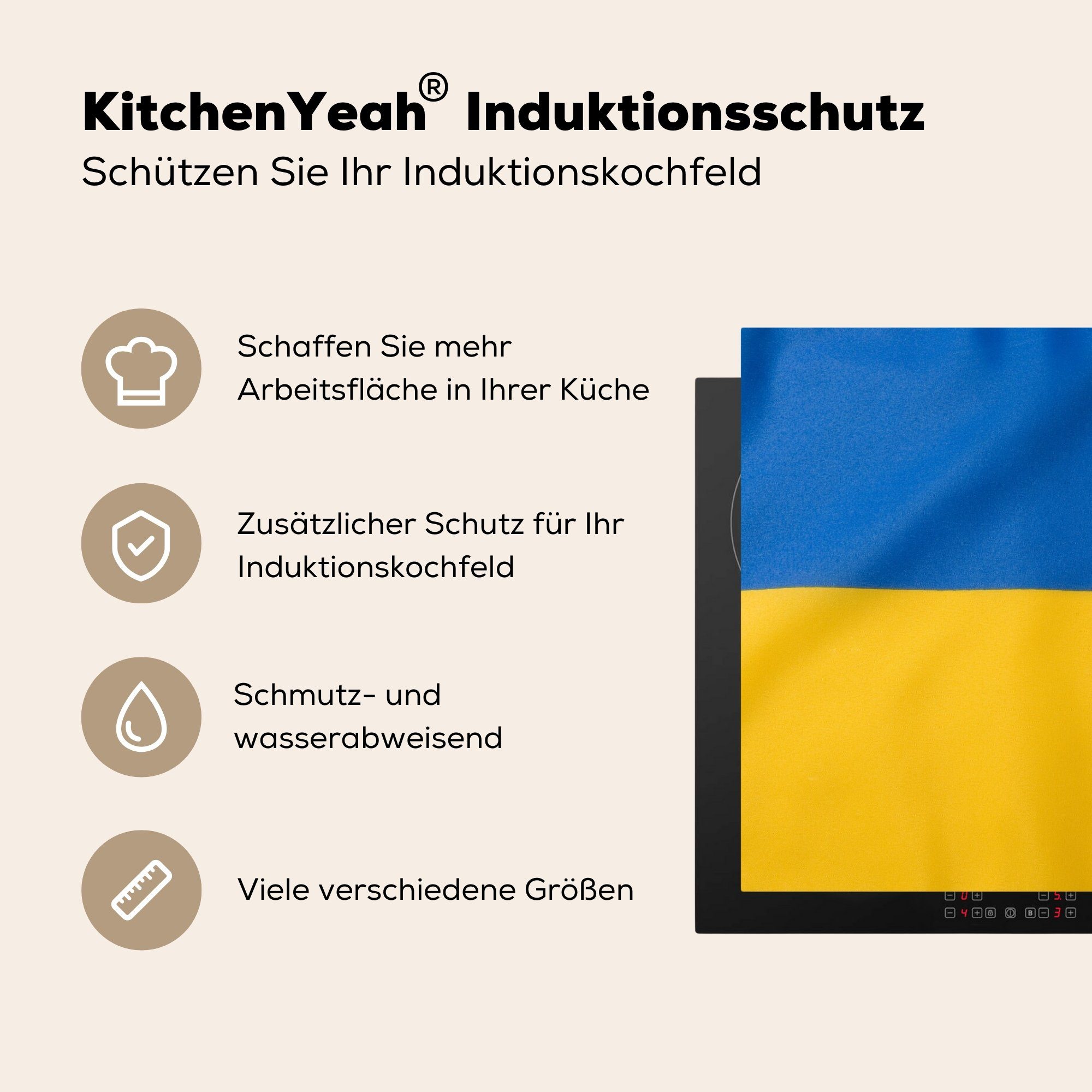 (1 küche, der Nahaufnahme für 81x52 cm, MuchoWow tlg), Vinyl, Schutz der Flagge die Ukraine, Induktionskochfeld Ceranfeldabdeckung Herdblende-/Abdeckplatte