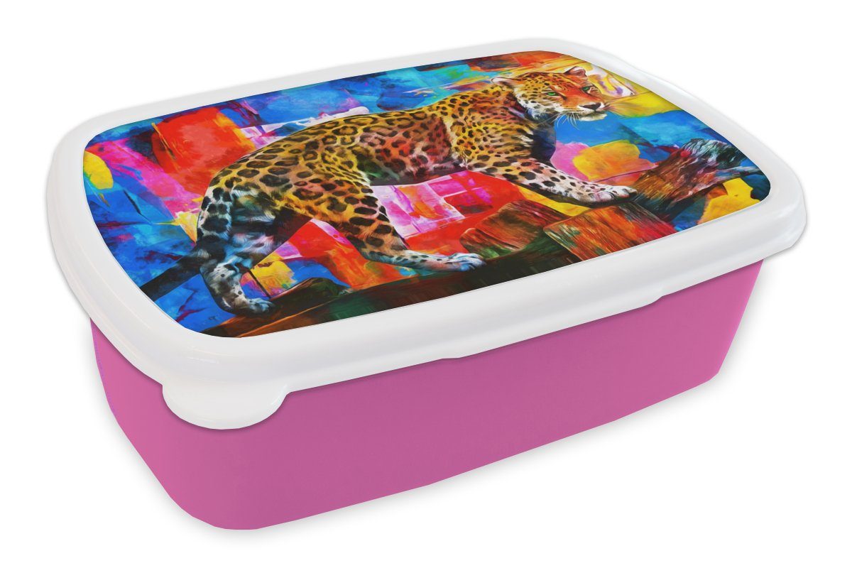 MuchoWow Lunchbox Malerei - Panther - Ölfarbe - Farben - Tiere, Kunststoff, (2-tlg), Brotbox für Erwachsene, Brotdose Kinder, Snackbox, Mädchen, Kunststoff rosa