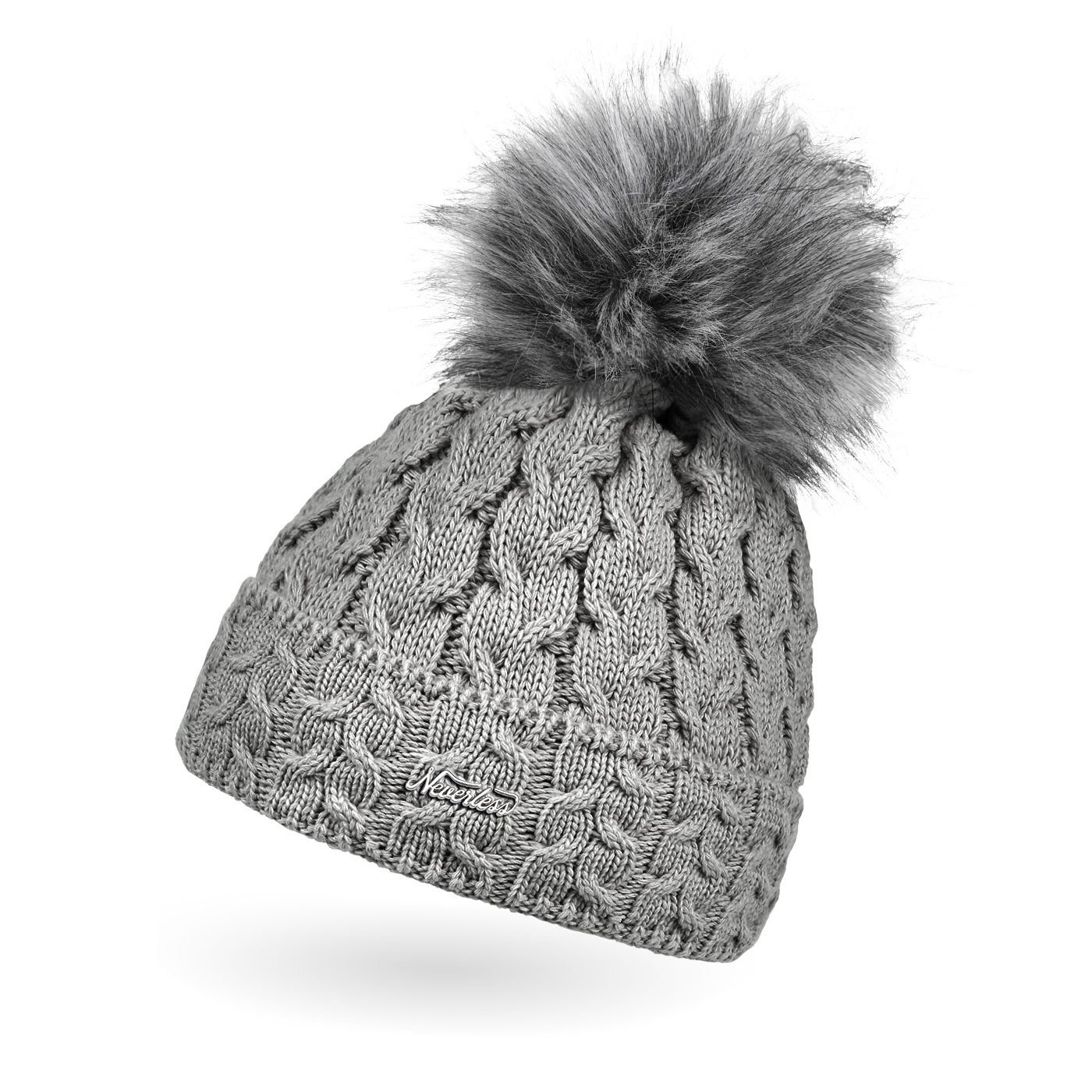 Neverless Bommelmütze Damen Strick-Mütze gefüttert Fell-Bommel Kunstfell Winter-Mütze