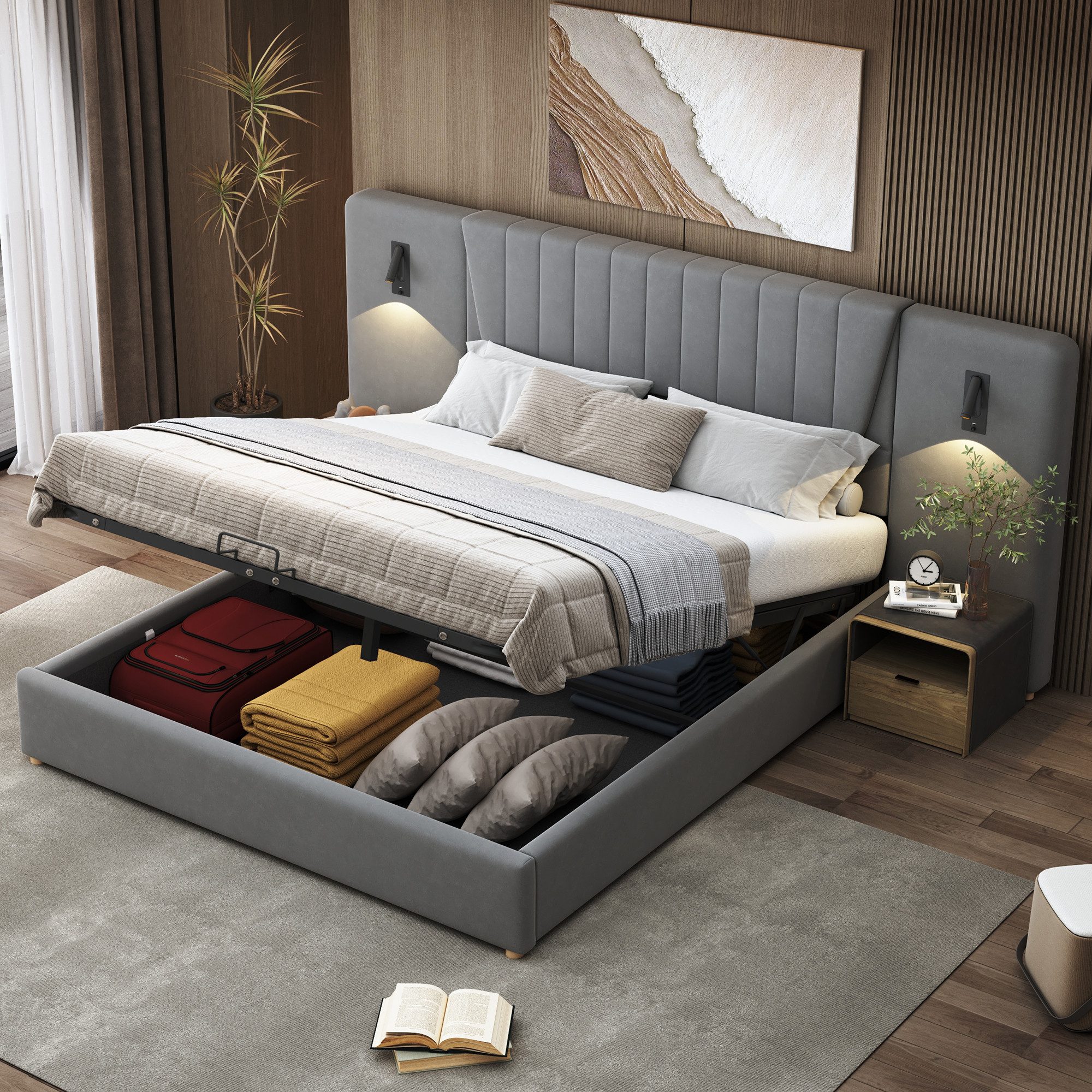 Flieks Polsterbett, Hydraulisches Stauraumbett 180x200cm mit Leselampe USB- günstig online kaufen