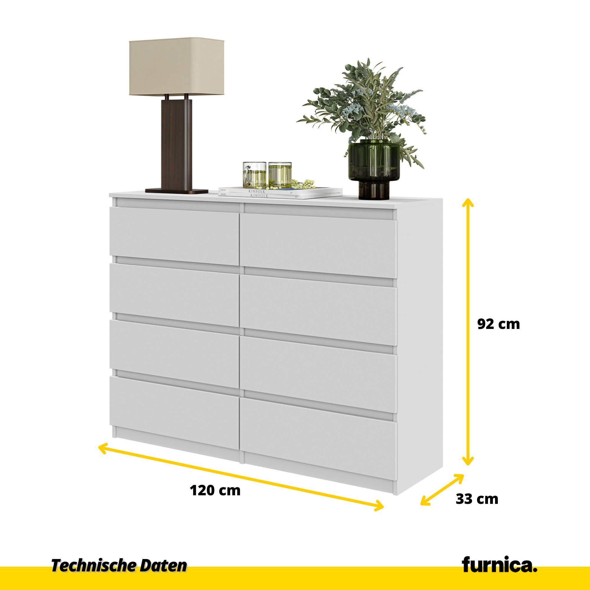 Furnica Kommode GABRIEL 8 Schubladen-Weiß Matt H92cm B120cm T33cm