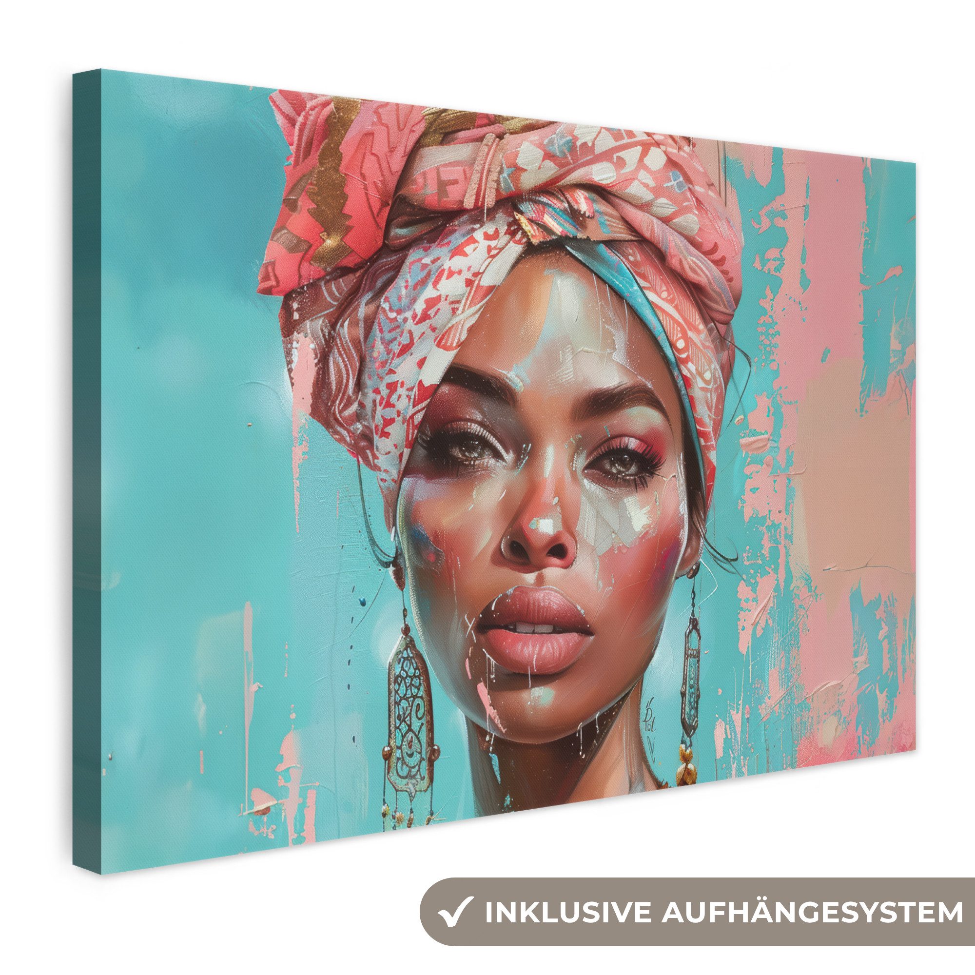 OneMillionCanvasses® Leinwandbild Frau - Porträt - Blau - Rosa - Modern, Fotodruck (1 St), Leinwand Bilder Klein, Wand Dekoration Aesthetic 30x20 cm