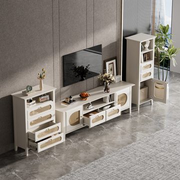 liebtech TV-Schrank Wohnzimmer-Rattan-Möbelkombination (TV-Schrank und Aufbewahrungsschrank-Set) Beine aus massivem Holz und lackiert.