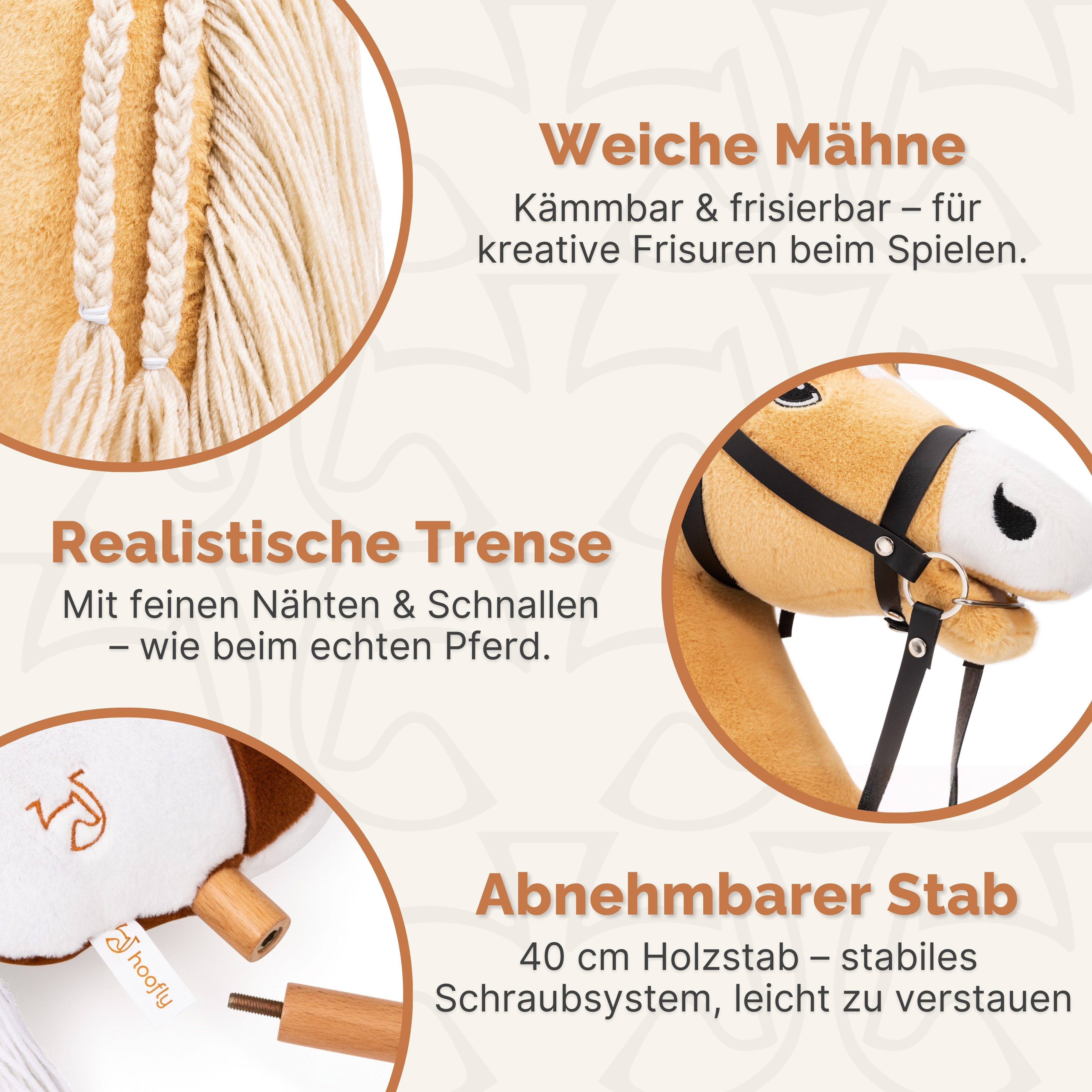 Hoofly Steckenpferd Hoofly® Hobby Horse Pferde Set mit Trense und Schraubstab in 4 Designs, (mit Trense & Schraubstab, hobby horsing, Stockpferd), Abschraubbarer Stab