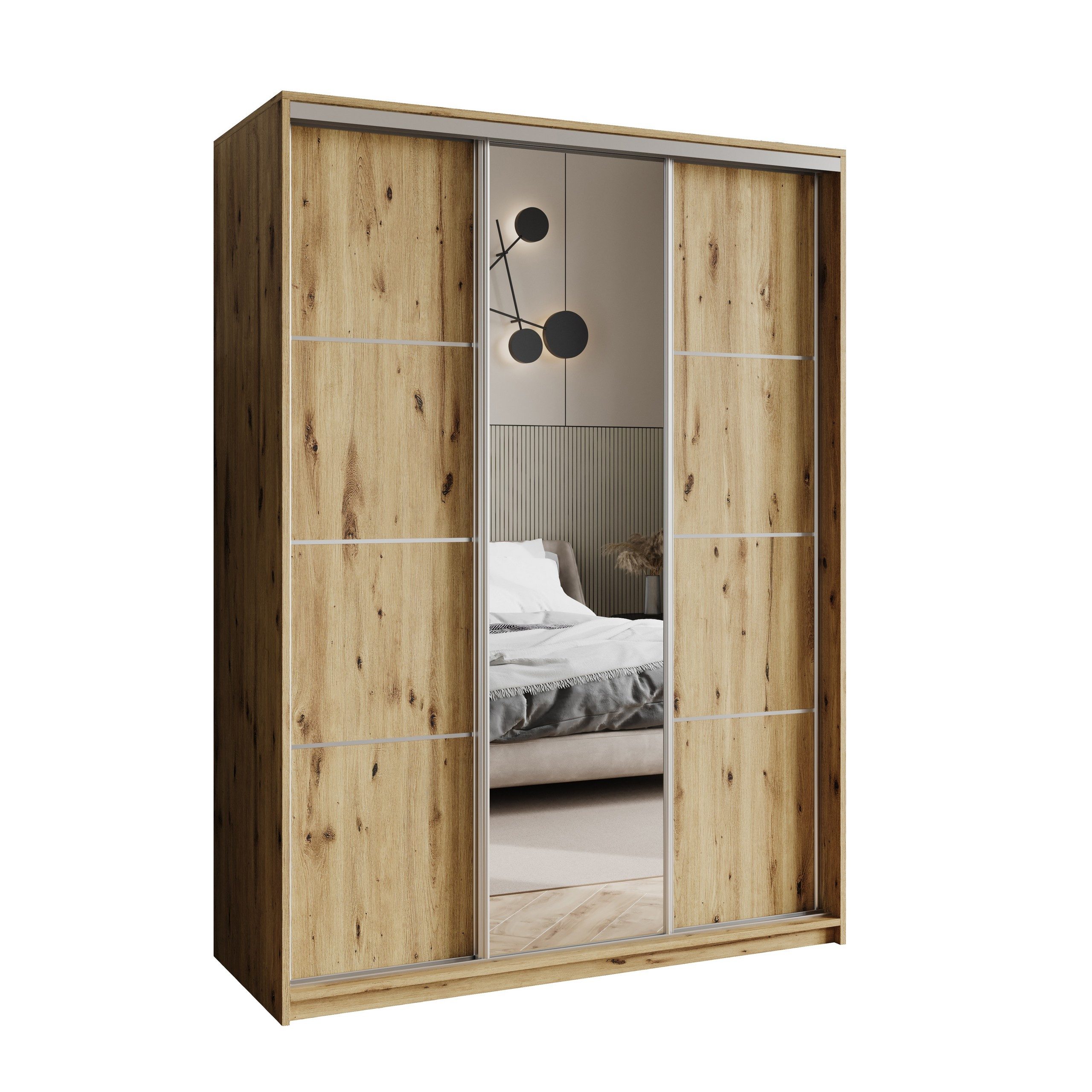 Masseno Schwebetürenschrank VARO 150 cm Kleiderschrank mit Spiegel 3 Türen Eiche Artisan