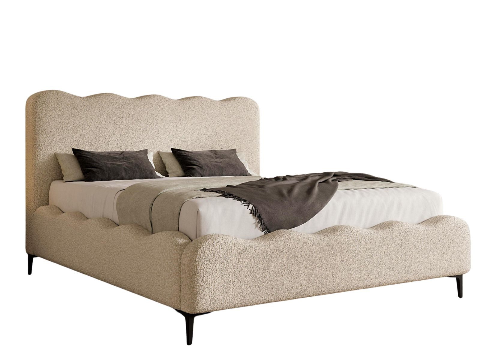 Compleo Polsterbett mit hohen Füßen, Designerbett, Bouclé-Stoff, Luxus Schlafzimmer, gepolstertes Doppelbett