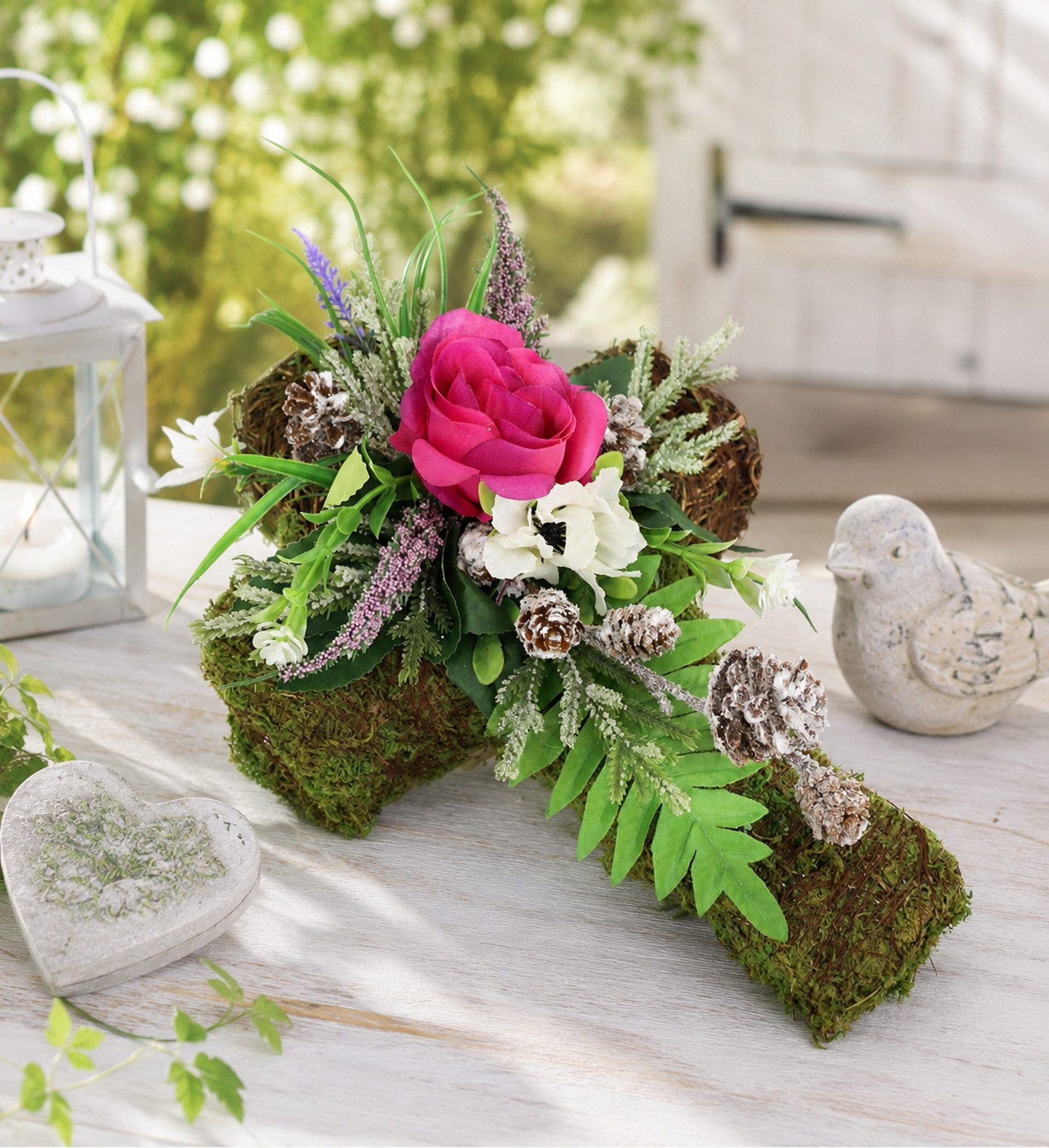Kunstblume Kunstblumen-Gesteck 'Rose' auf Pflanz-Kreuz, OTTO home, Höhe 15 cm, Florales Dekogesteck in Kreuzform mit Rosenblüte – Bild 2 von 3