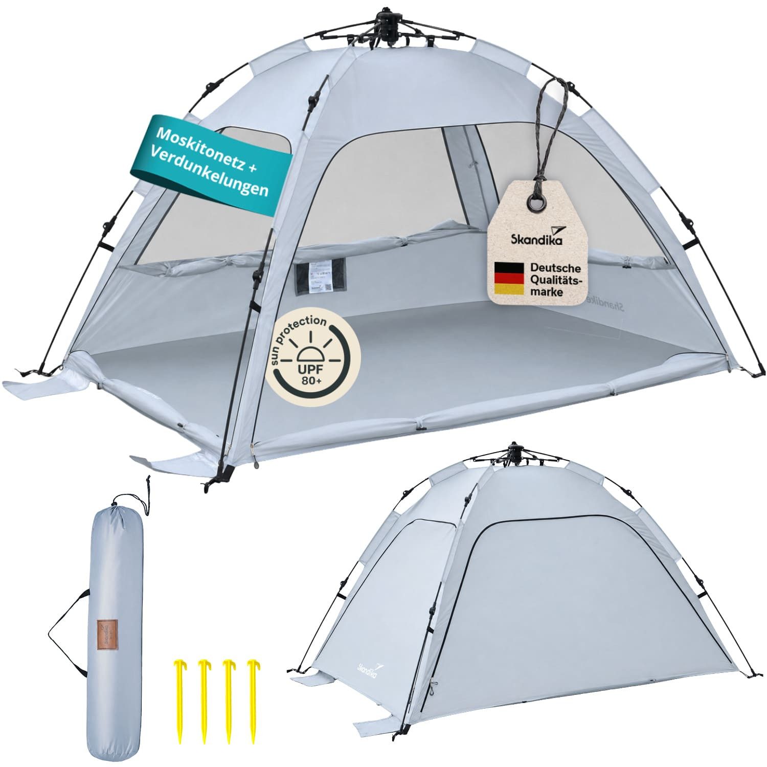 Skandika Strandmuschel Skugga Quick-Start, Strandzelt, UV-Schutz 80+, (Sandheringe, Organizer-Tasche, Tragetasche, Eingenähter Boden), rundum verschließbar, Windschutz, Sonnenschutz, Sichtschutz