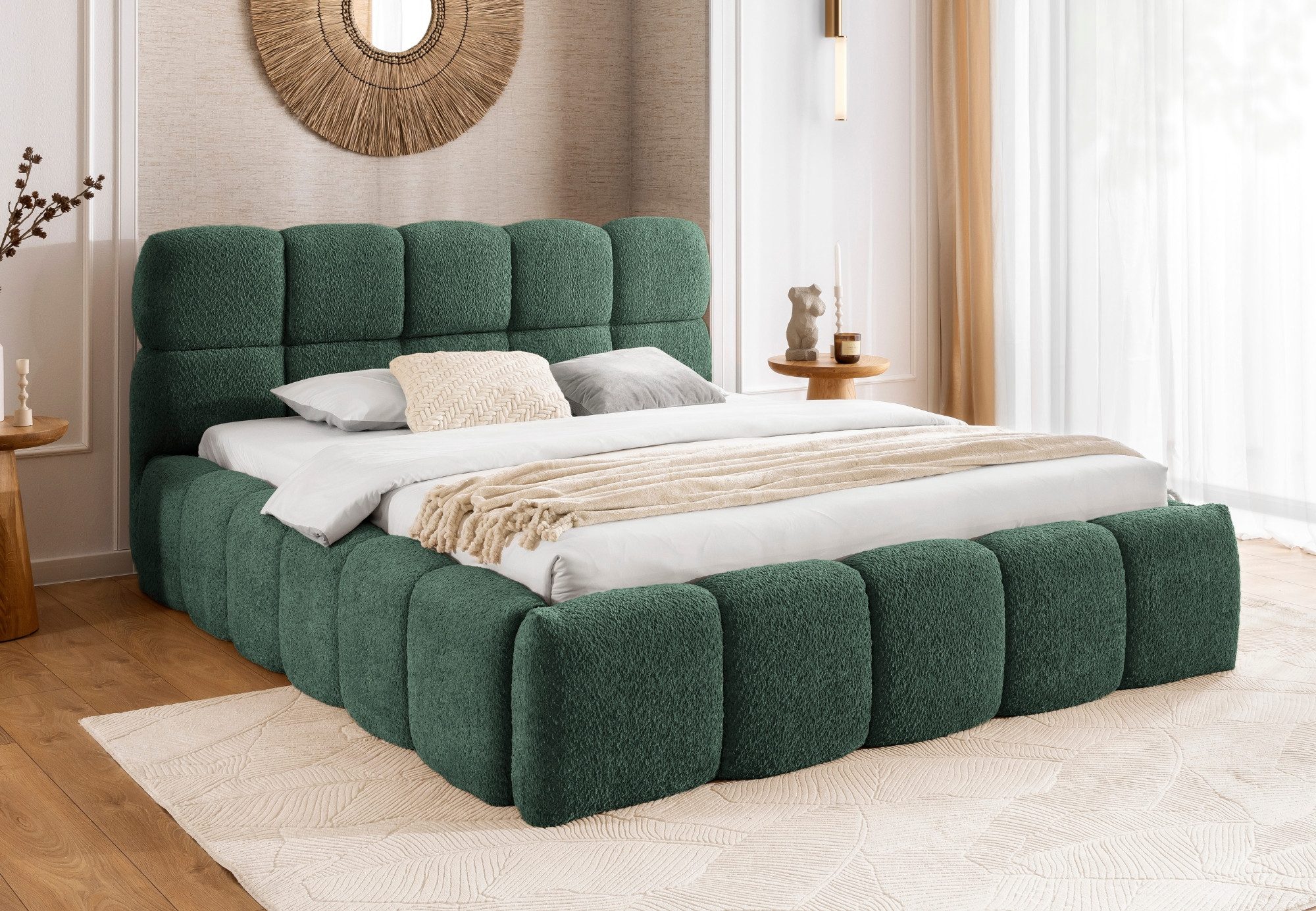 Home Collective Polsterbett Doppelbett Bubble Bett Bettgestell mit Stauraum und Lattenrost (Verfügbare Größen: 120x200, 140x200, 160x200, 180x200, 200x200 cm), Bodennahe Optik mit Metall-Lattenrost und Bettkasten Grün