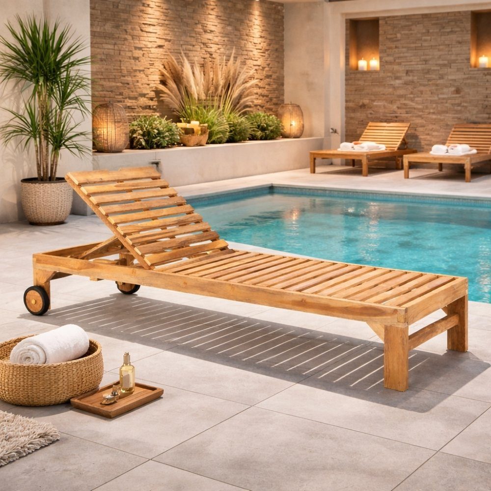 LebensWohnArt Gartenliege Teak Sonnenliege LUKA 200cm mit Rollen – verstellbar Gartenliege