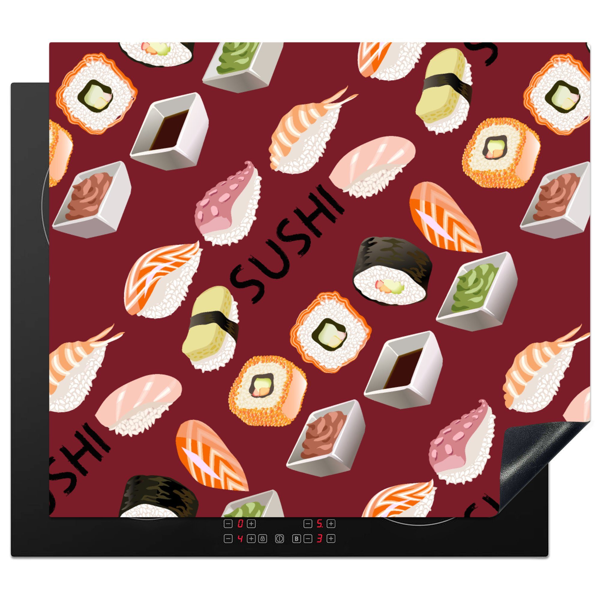 MuchoWow Herdblende-/Abdeckplatte Diagramm - Sushi - Japan - Zitate, Vinyl, (1 tlg), 60x52 cm, Mobile Arbeitsfläche nutzbar, Ceranfeldabdeckung