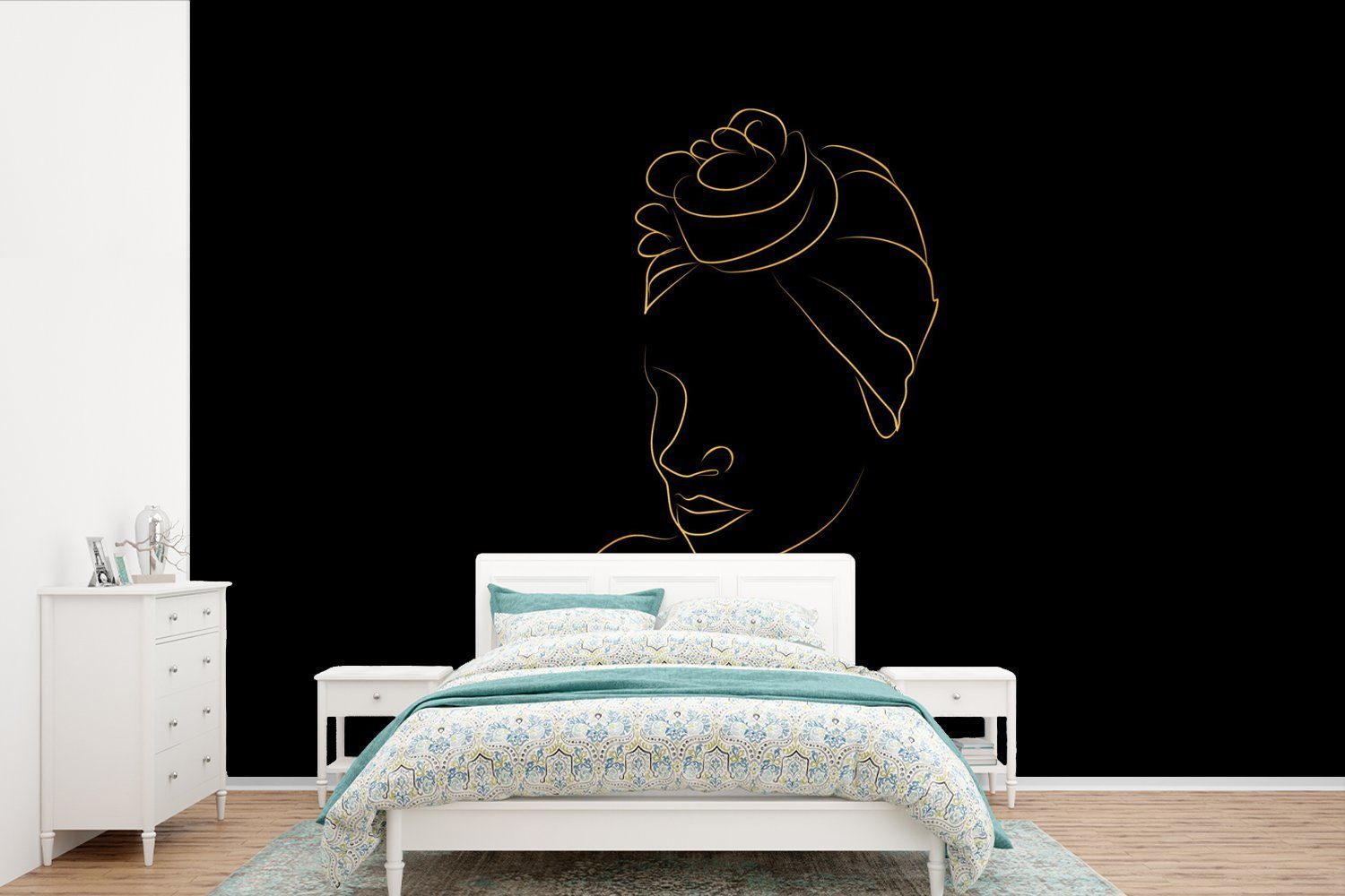 Frau Vinyl Kopftuch St), Wohnzimmer, - - Matt, Wallpaper Gold Tapete für Schwarz, bedruckt, Fototapete - MuchoWow (6 Kinderzimmer, Schlafzimmer,