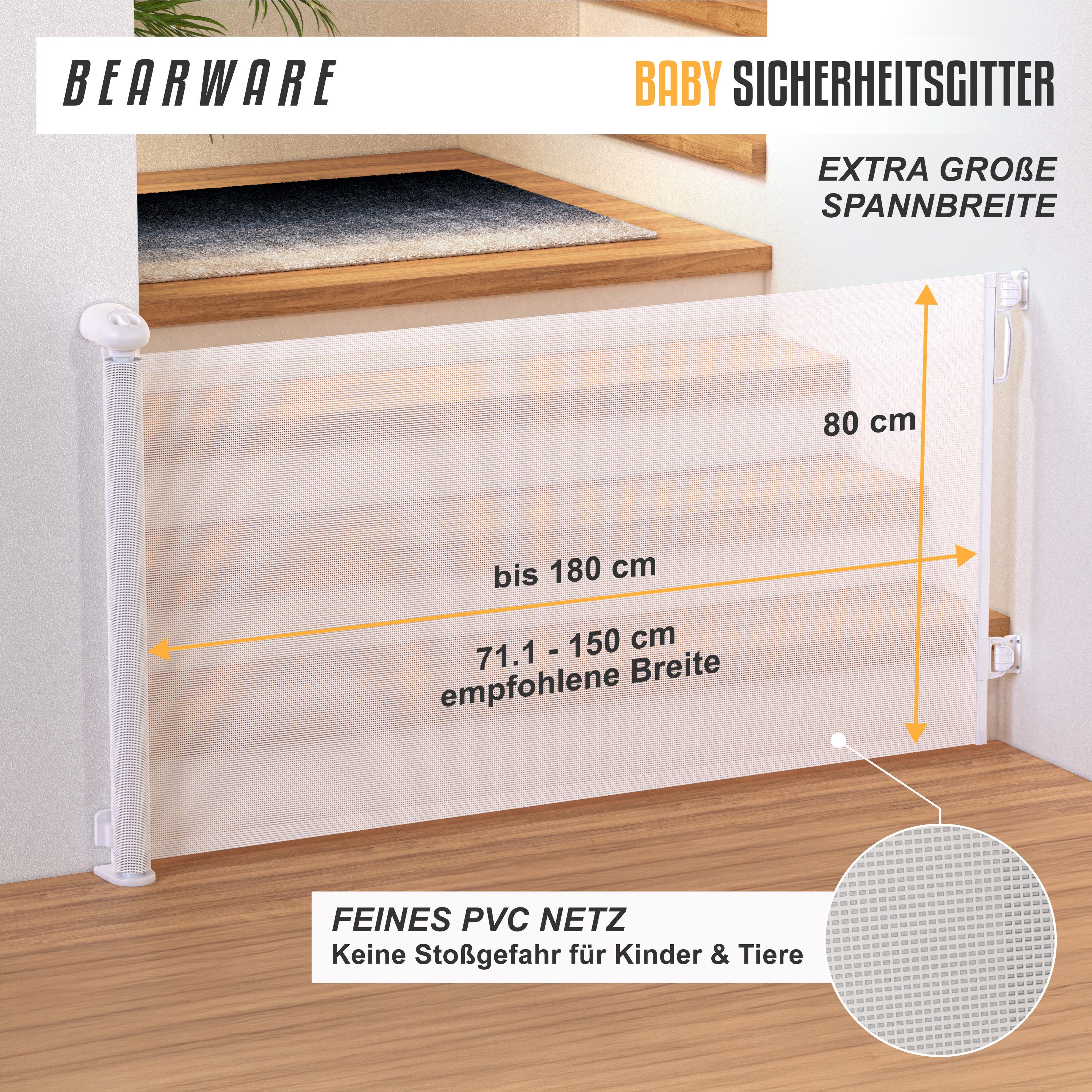 BEARWARE Türschutzgitter Treppenschutzgitter, Baby Schutzgitter, Kindersicheres Absperrgitter (1 St), Kind Sicherheitsgitter 180cm ausziehbar, Hund Safety Gate, Wandmontage