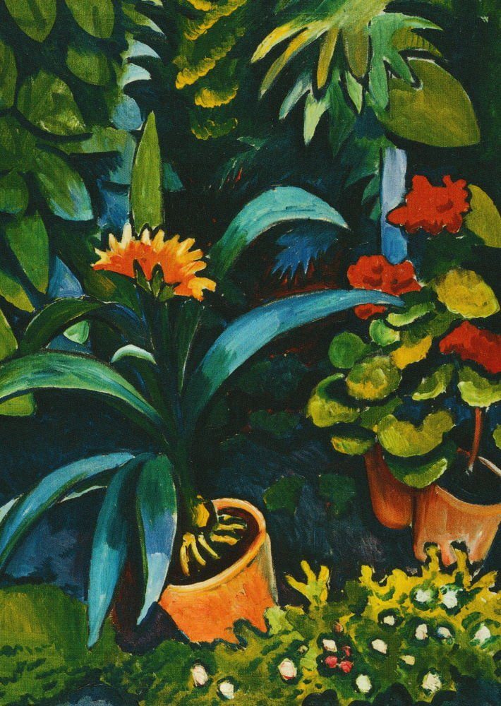 Garten, Kunstkarte Macke Pelargonien" und Clivia im "Blumen Postkarte August