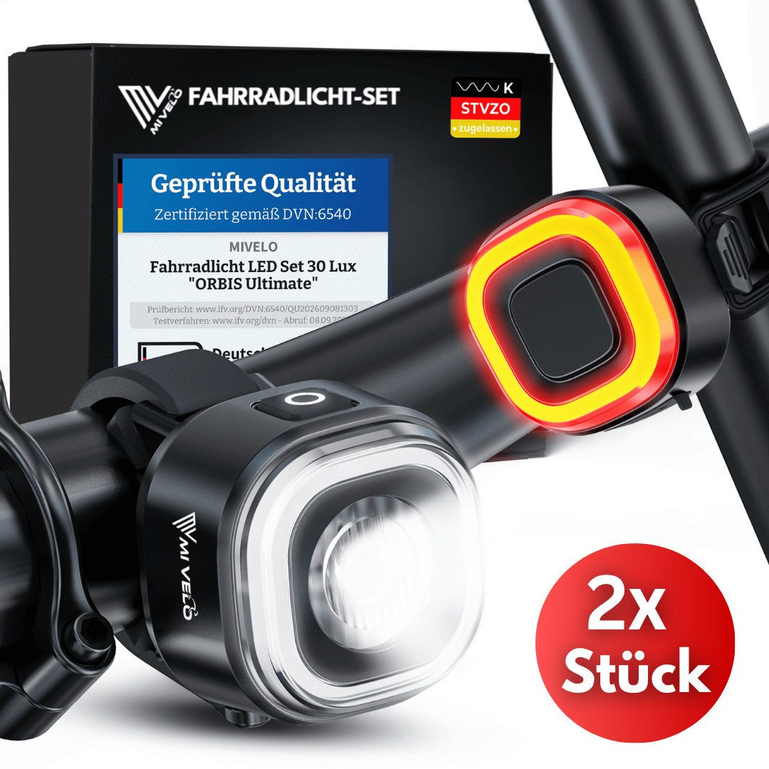 MIVELO Fahrradbeleuchtung ORBIS Fahrradlicht LED Set – Frontlicht oder Set, Akku, USB-C, StVZO zugelassen, mit Bremsfunktion erhältlich
