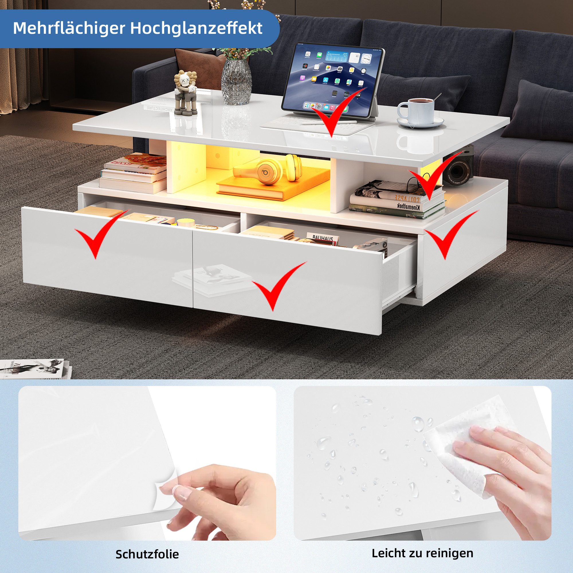 Merax Couchtisch hochglanz Sofatisch Beistelltisch mit LED-Beleuchtung (90x55x41 cm), Wohnzimmertisch mit 2 Schubladen und Stauraum inkl. Fernbedienun – Bild 4 von 5