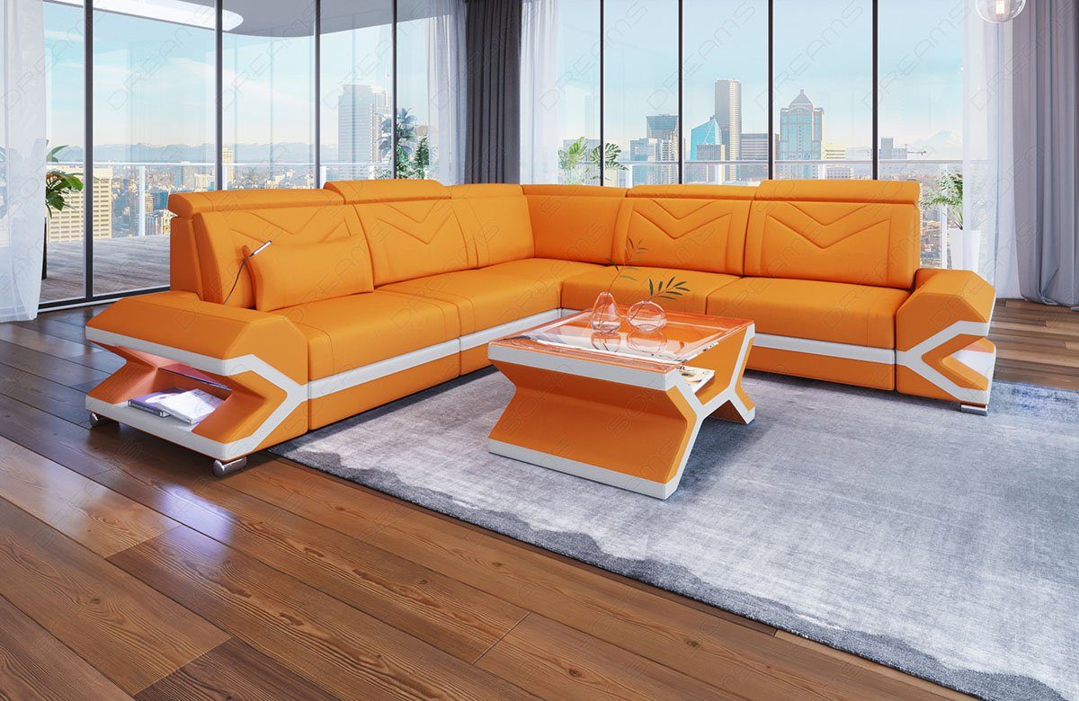 Sofa Dreams Ecksofa Stoffsofa LED, Stoff Bettfunktion, Form, Couch mit C87 L Polstersofa Sorrento Designersofa ausziehbare Apricot-Weiss
