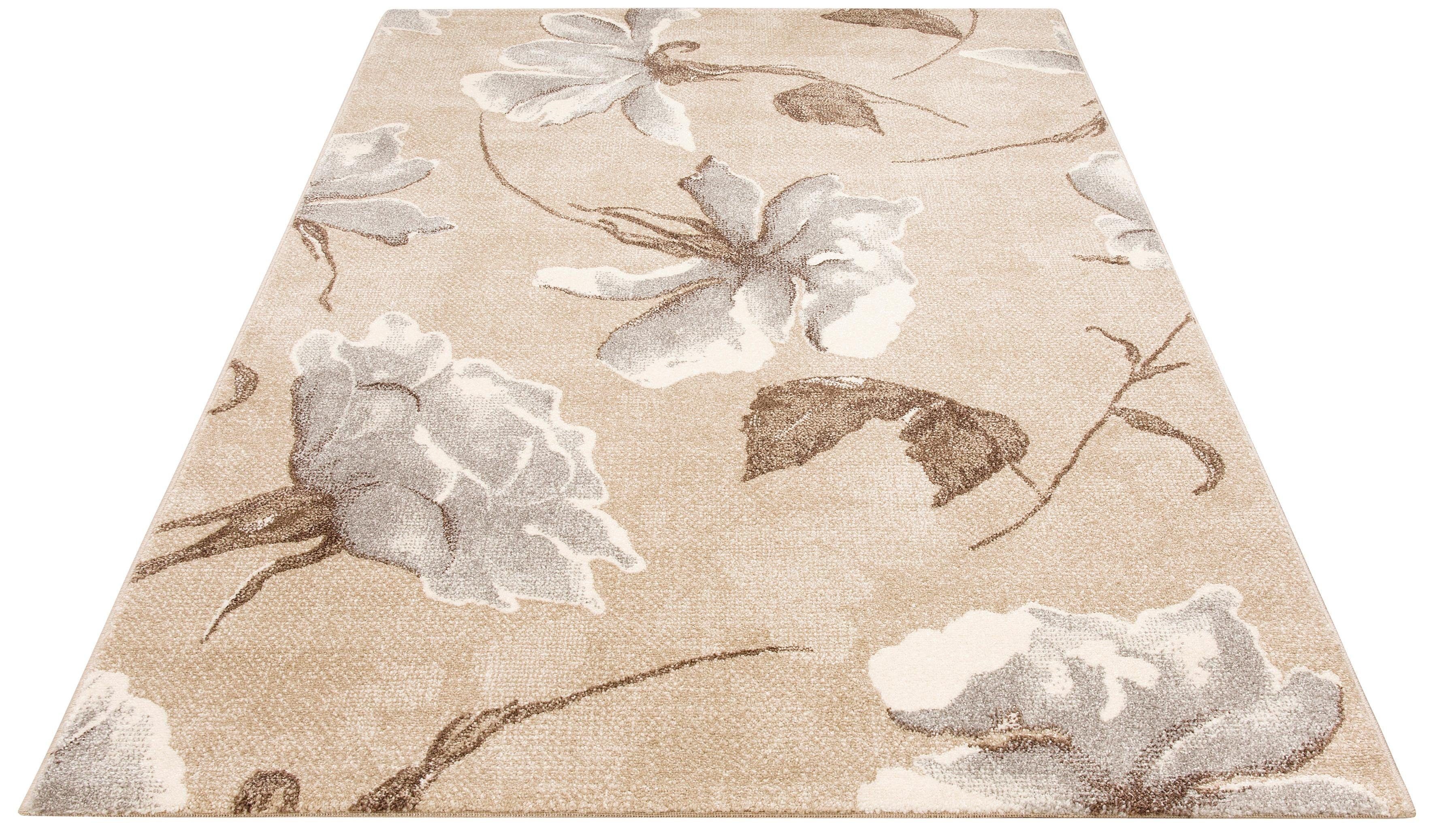 Teppich Sofia, my home, rechteckig, Höhe: 13 mm, Blumen Design, flacher Teppich, florales Muster, weich braun