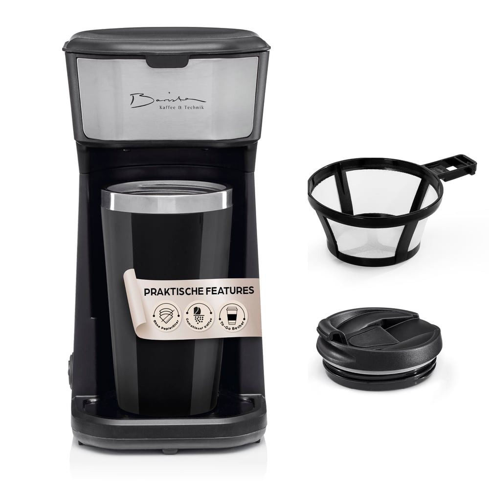 Barista Filterkaffeemaschine Barista Single-Kaffeemaschine 450W schwarz mit To-Go Becher, 0.4l Kaffeekanne, Coffee to go Maschine - tragbare Kaffeemaschine, Reise-Kaffeemaschine