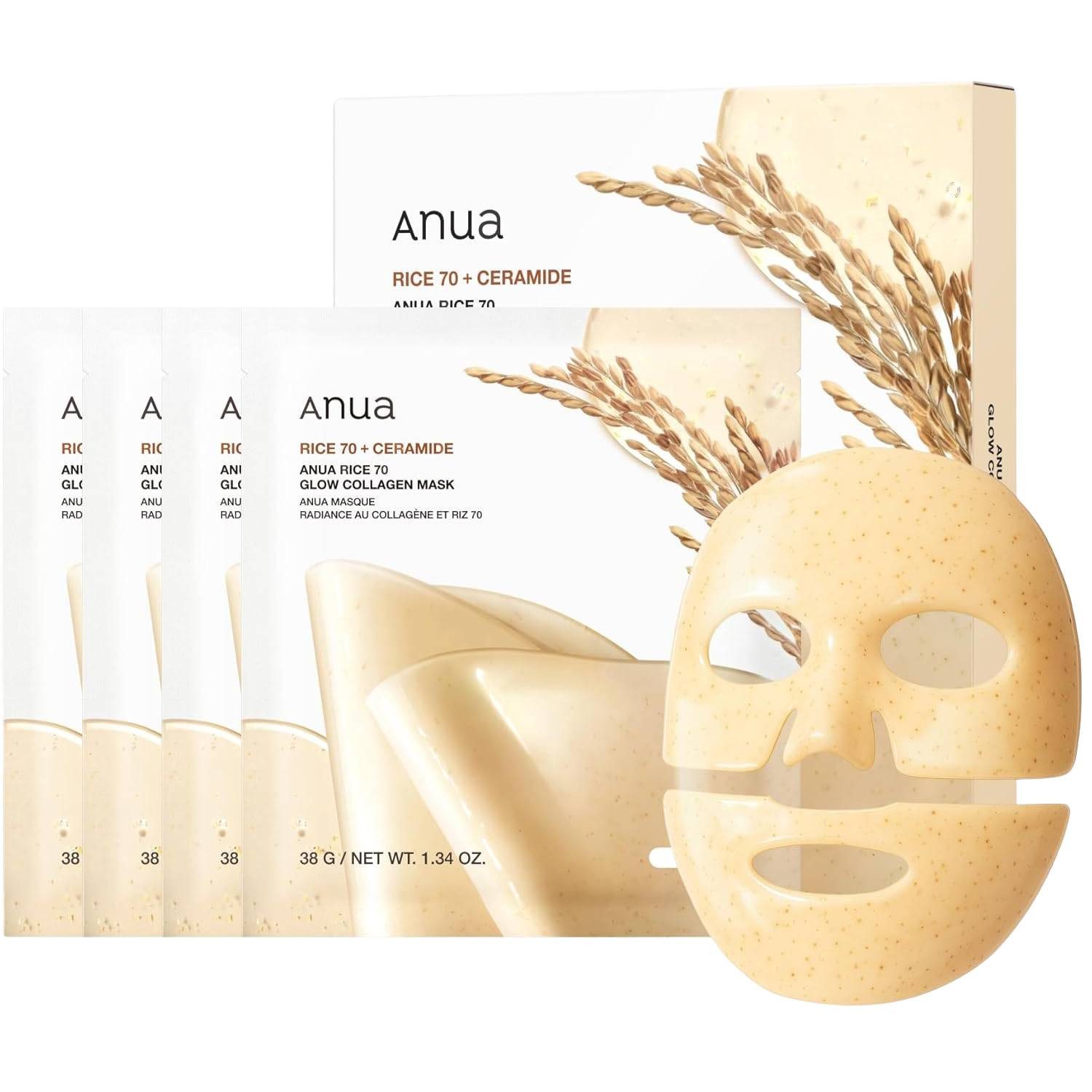 Anua Gesichtsmaske Rice 70 Glow Collagen Mask 4er Pack – zweiteilige Hydrogel-Tuchmaske mit 70% Reisextrakt, Kollagen und Niacinamid – spendet intensive, Feuchtigkeit, unterstützt ebenmäßiges Hautbild & für alle Hauttypen